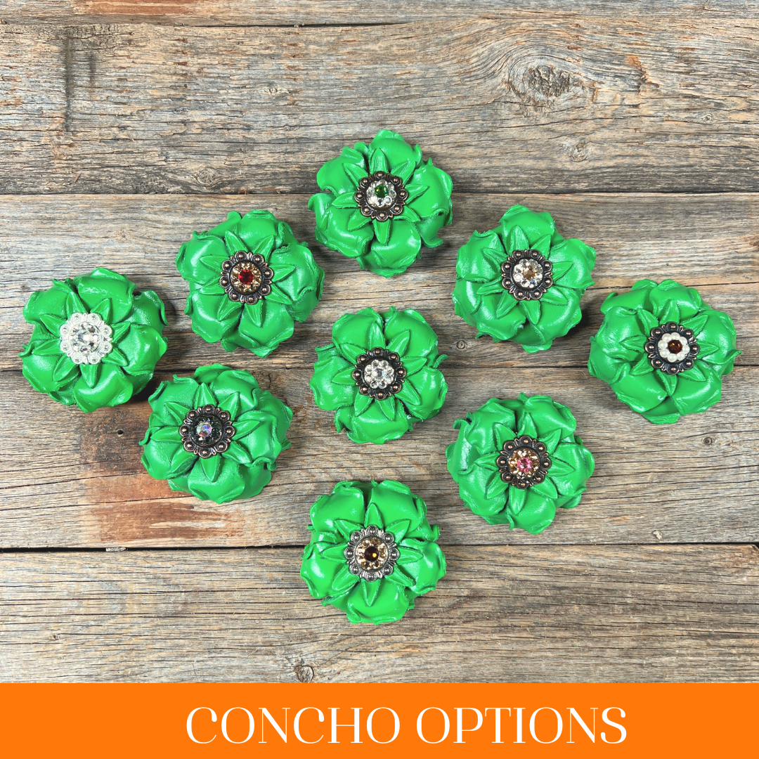 Green Gardenia Leather Flowers - 1" Crystal Conchos - Options