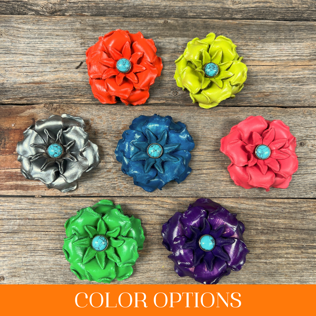 Hand Painted Leather Flowers - Gardenias - Round Turquoise Cabochons