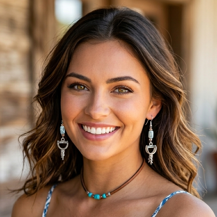 Woman wearing a blue patterned dress with earrings and a necklace, standing outdoors.