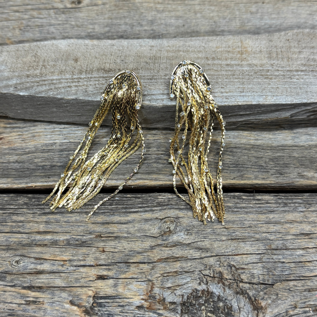 Gold Fringe Fancy Dangle Fashion Earrings Rodeo Drive Conchos 