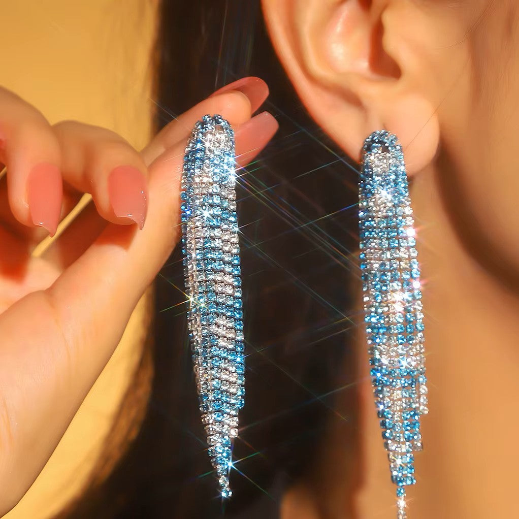 Blue and White Rodeo Inspired Rhinestone Dangle Fashion Earrings