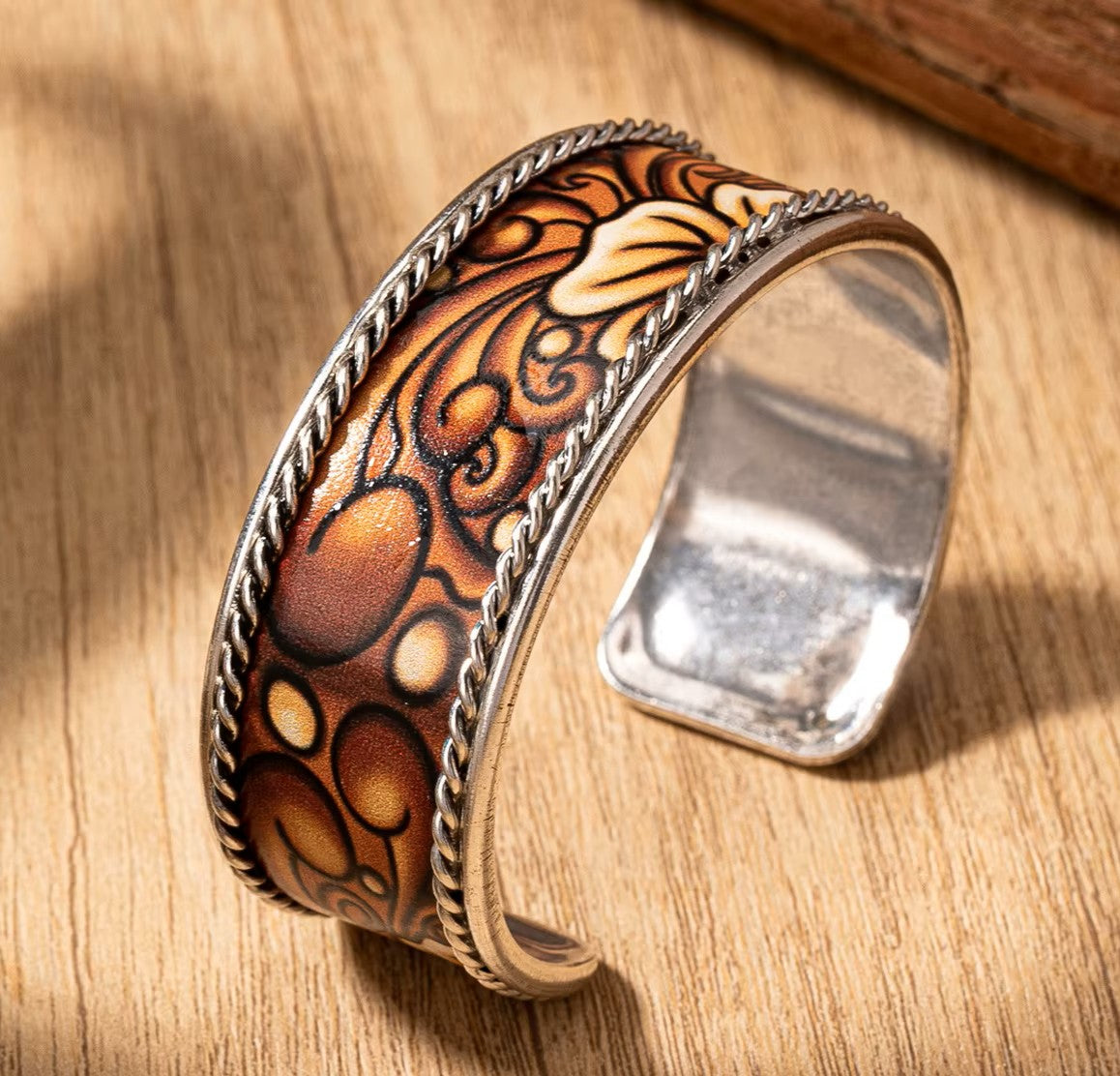 Wild West Silver Floral Fashion Cuff Bracelet - White Accented