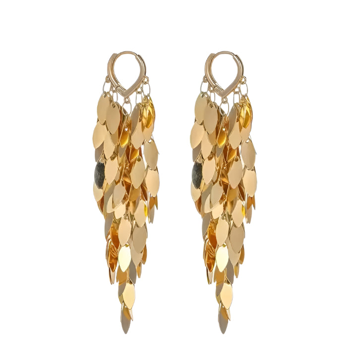 Gold and bronze leaf-shaped earrings on a white background