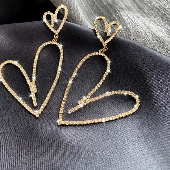 Gold Cowgirl Rhinestone Heart Dangle Fashion Earrings