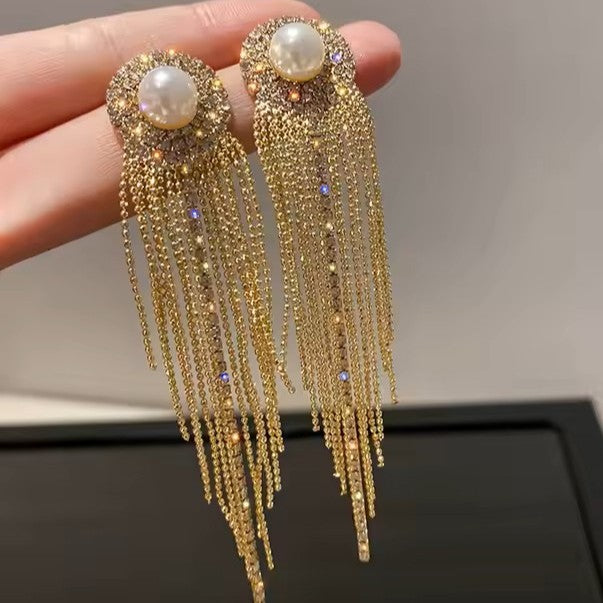 Rodeo Gold Pearl and Rhinestone Dangle Fashion Earrings