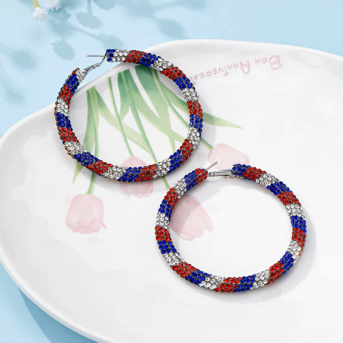 Red, White and Blue Western Bling Hoop Fashion Earrings