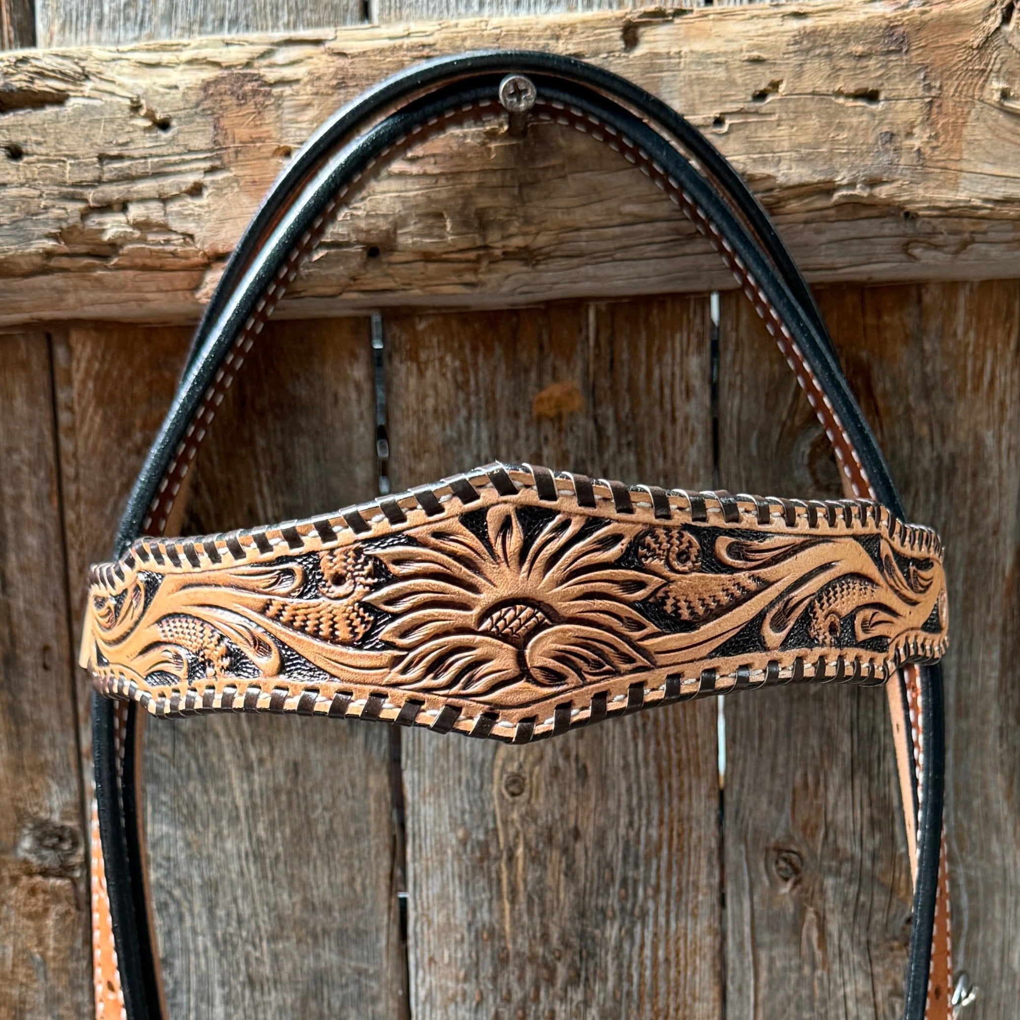 Light Oil Floral Whipstitch Browband Headstall / Bridle #24386