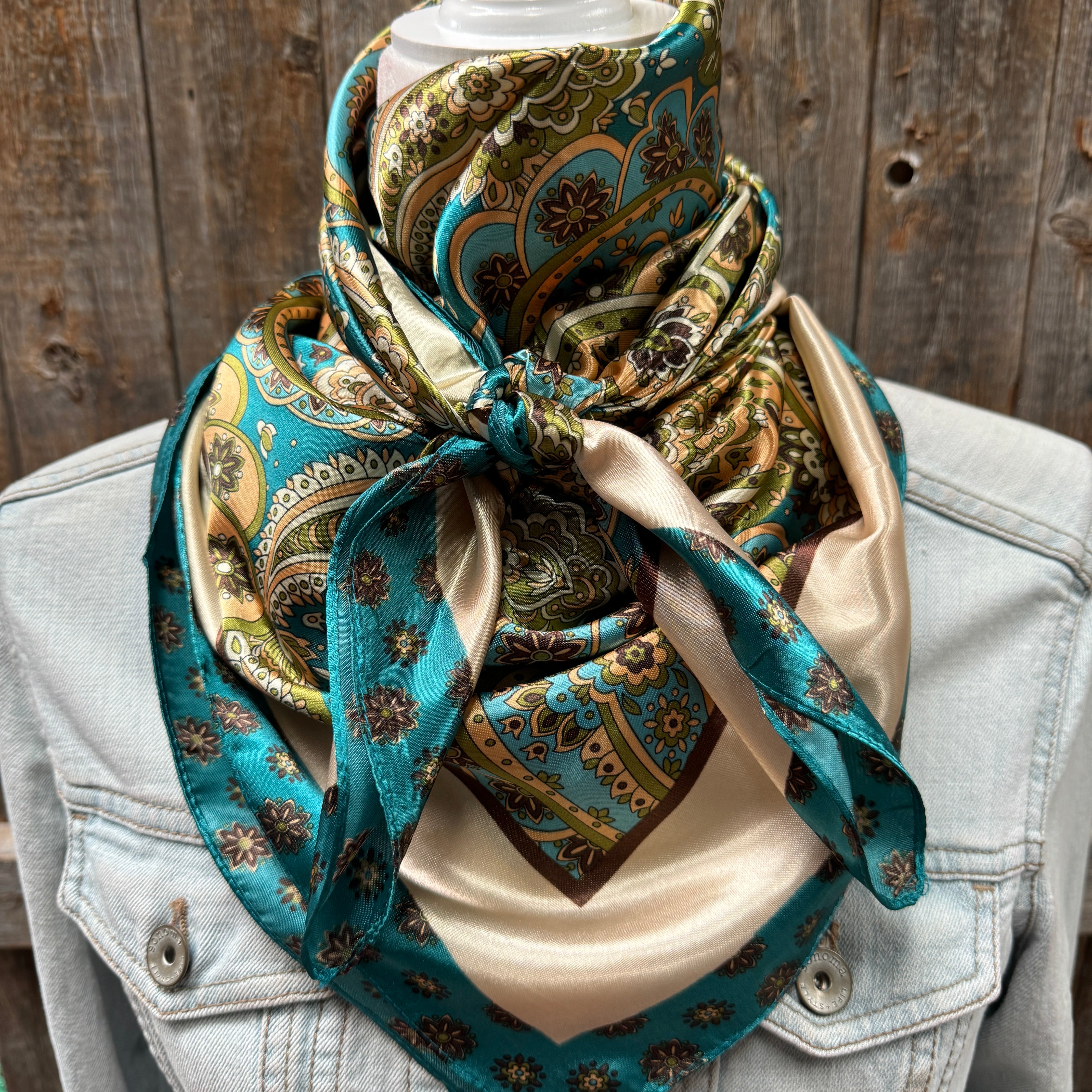 35X35" Teal and Cream Giant Paisley Wild Rag / Scarf WR1027