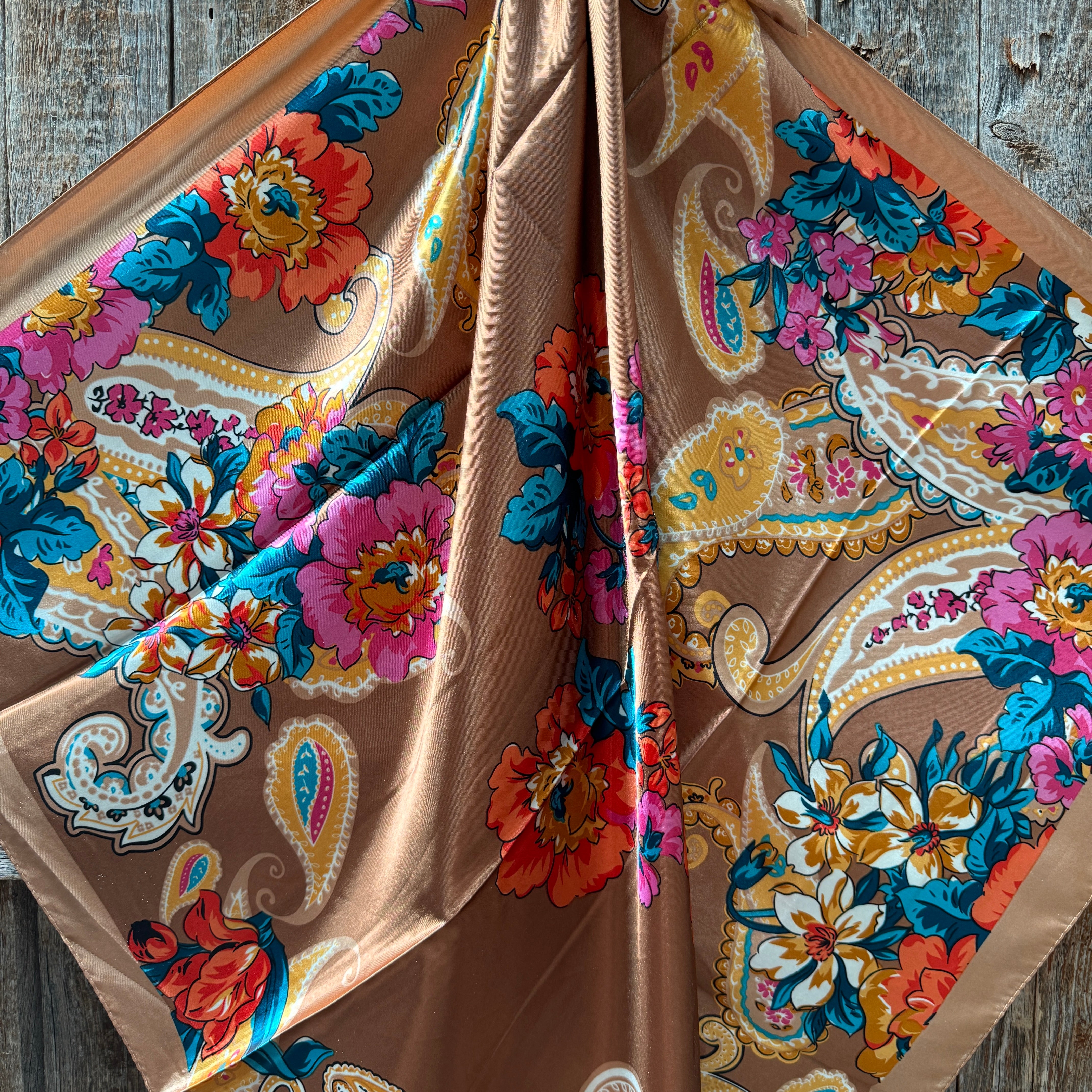 35X35" Tan Big Floral Wild Rag / Scarf WR1021