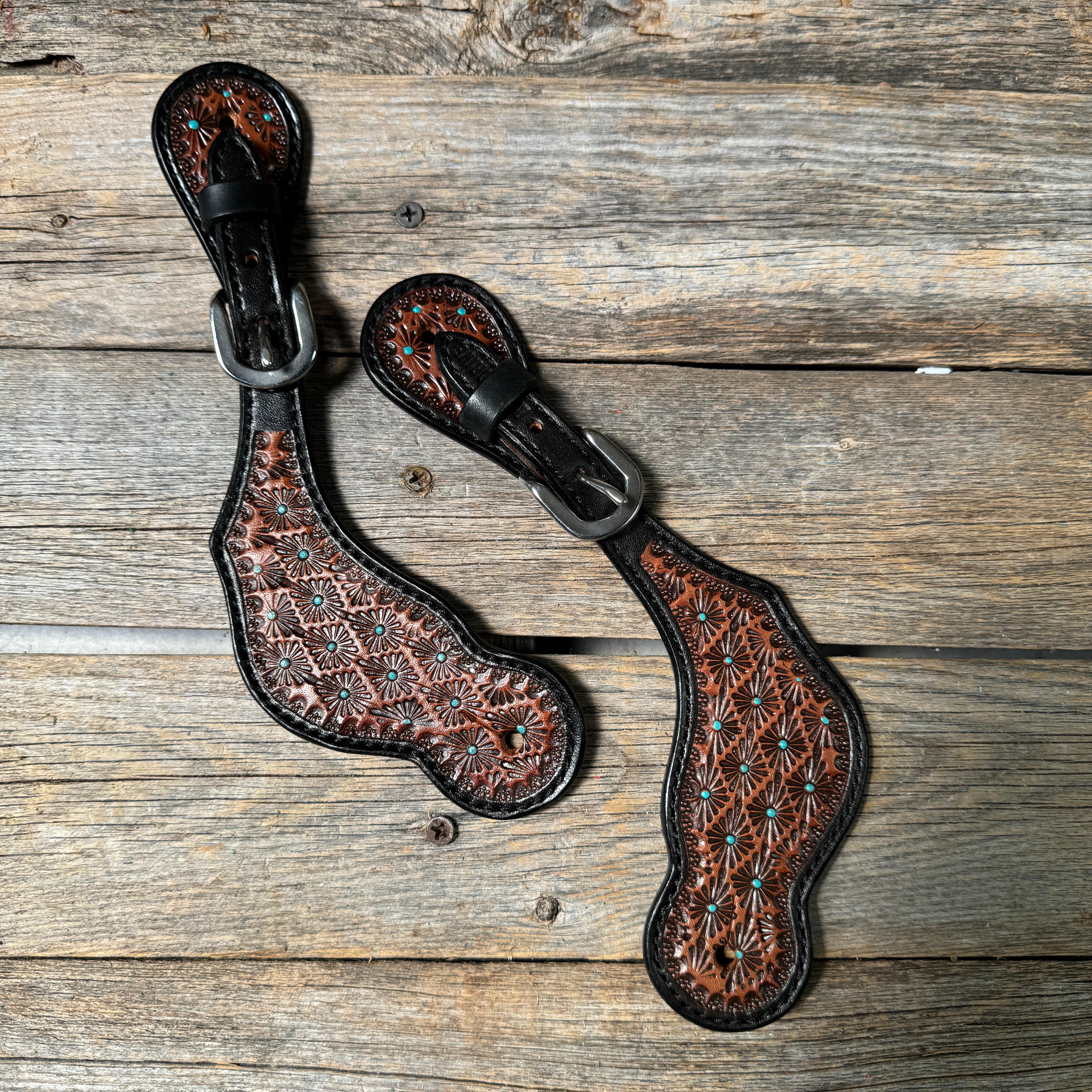 Teal Dot Diamond Tooled Spur Straps