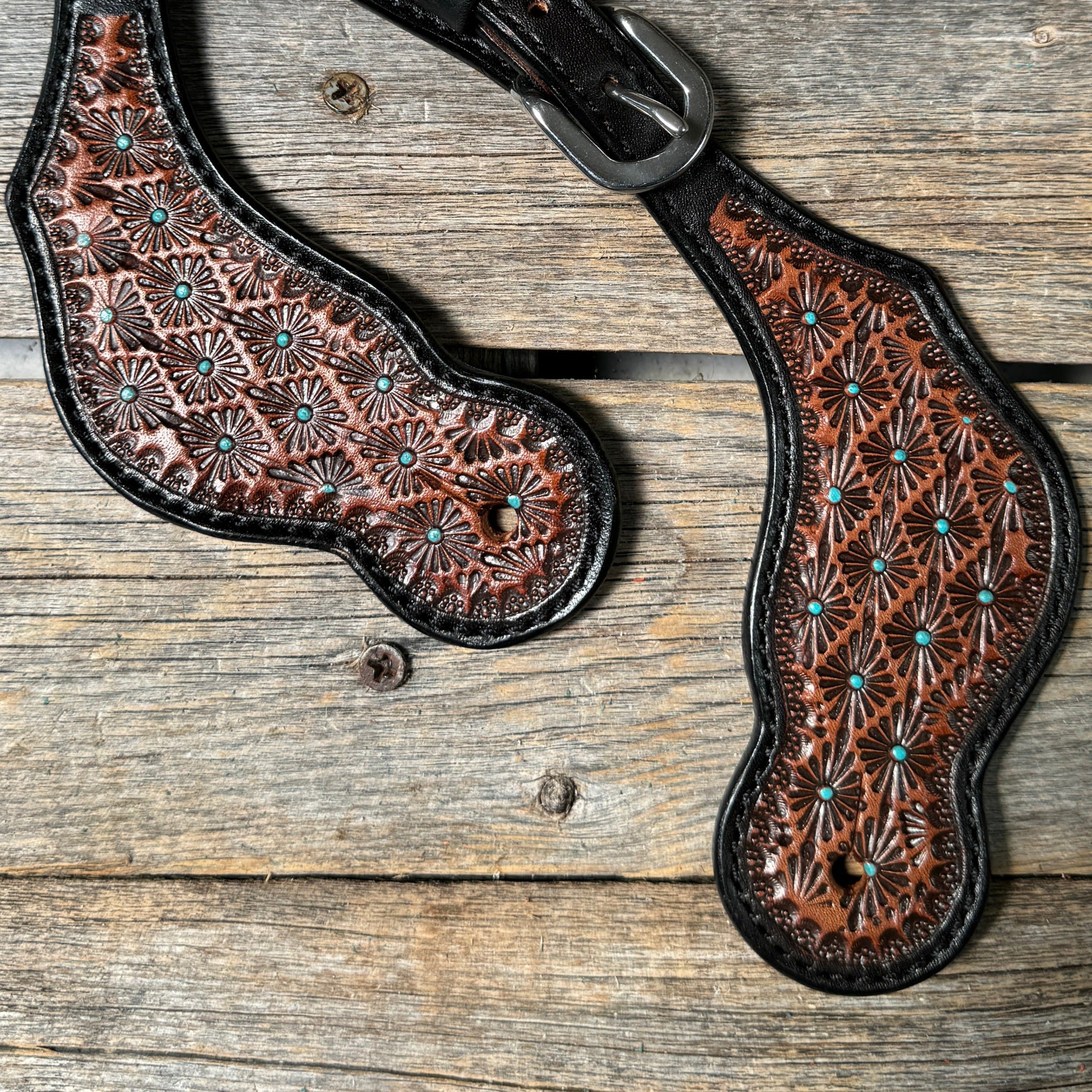 Teal Dot Diamond Tooled Spur Straps