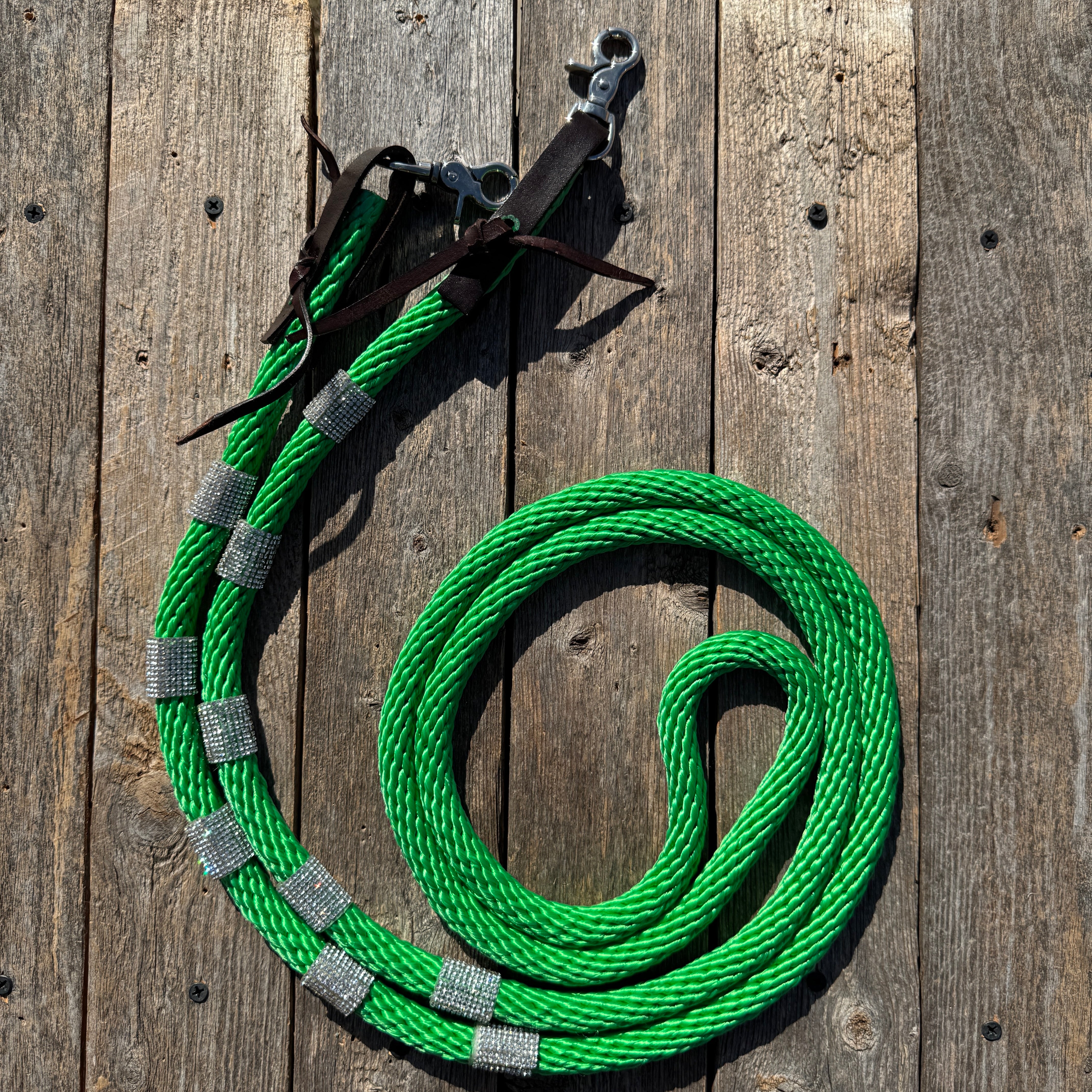 Green Nylon Barrel Racing Reins with Rhinestones #BNR106