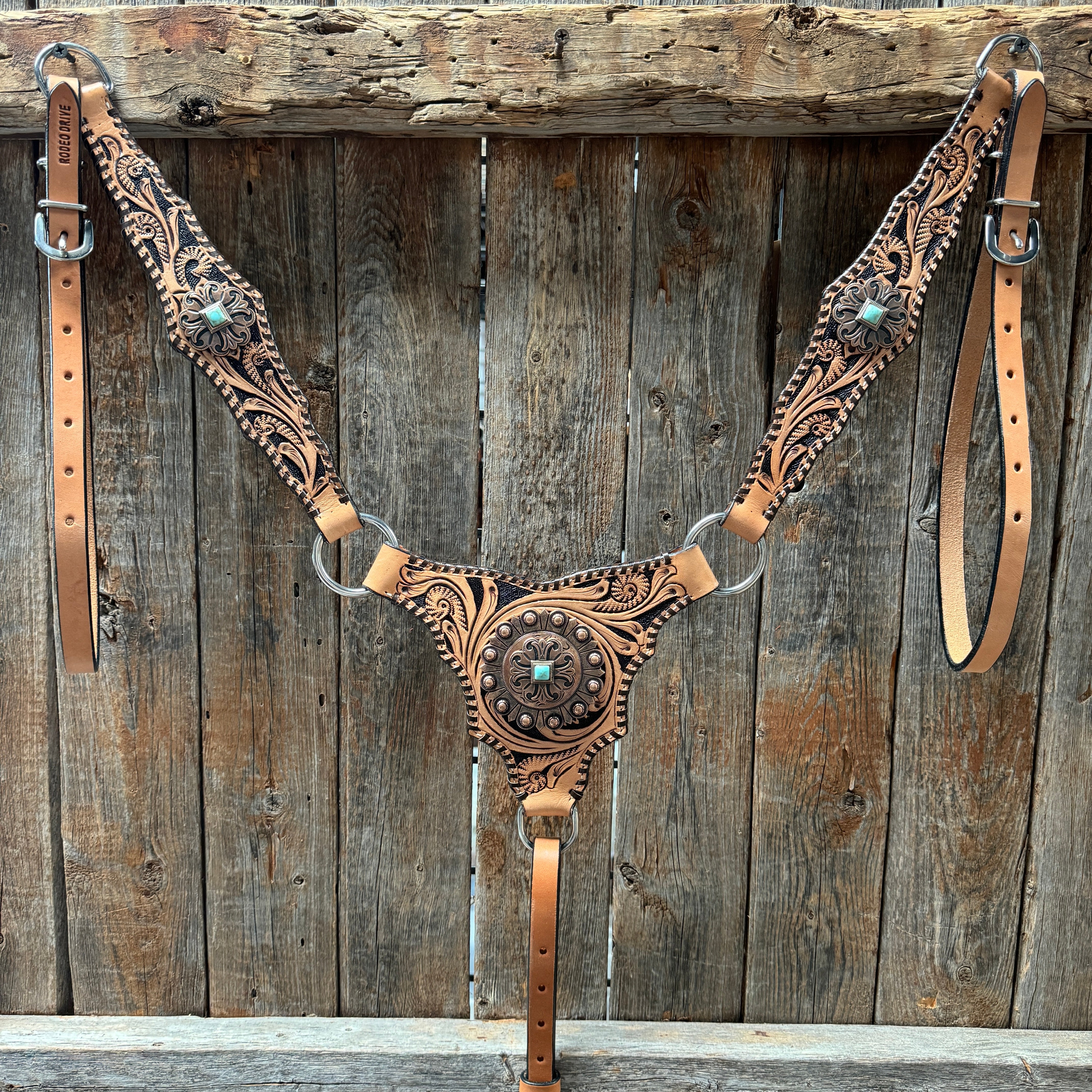 Light Oil Floral Whipstitch and Turquoise Browband/ One Ear Triangle / Gladiator Breastcollar Tack Set #BBBC641