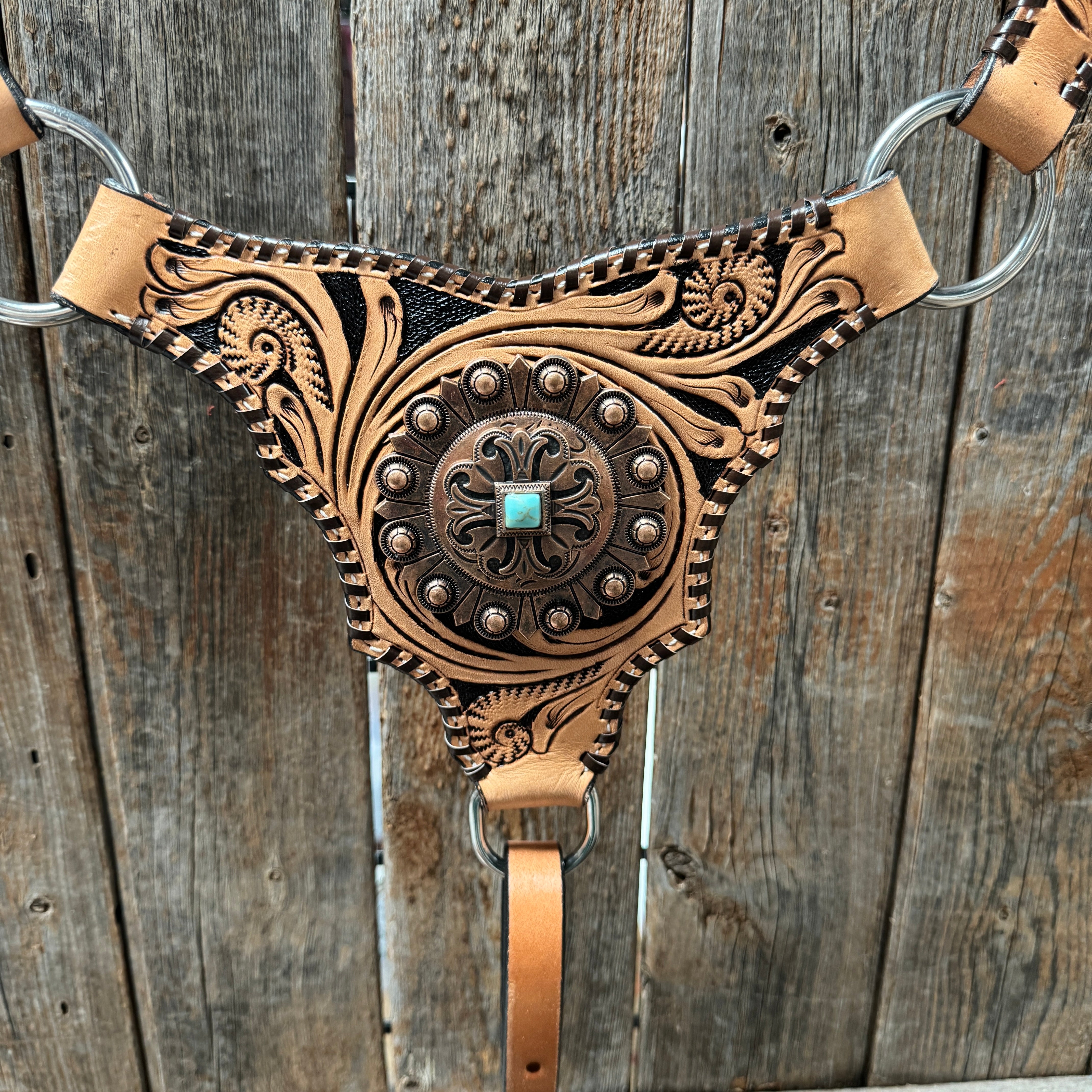 Light Oil Floral Whipstitch and Turquoise Browband/ One Ear Triangle / Gladiator Breastcollar Tack Set #BBBC641