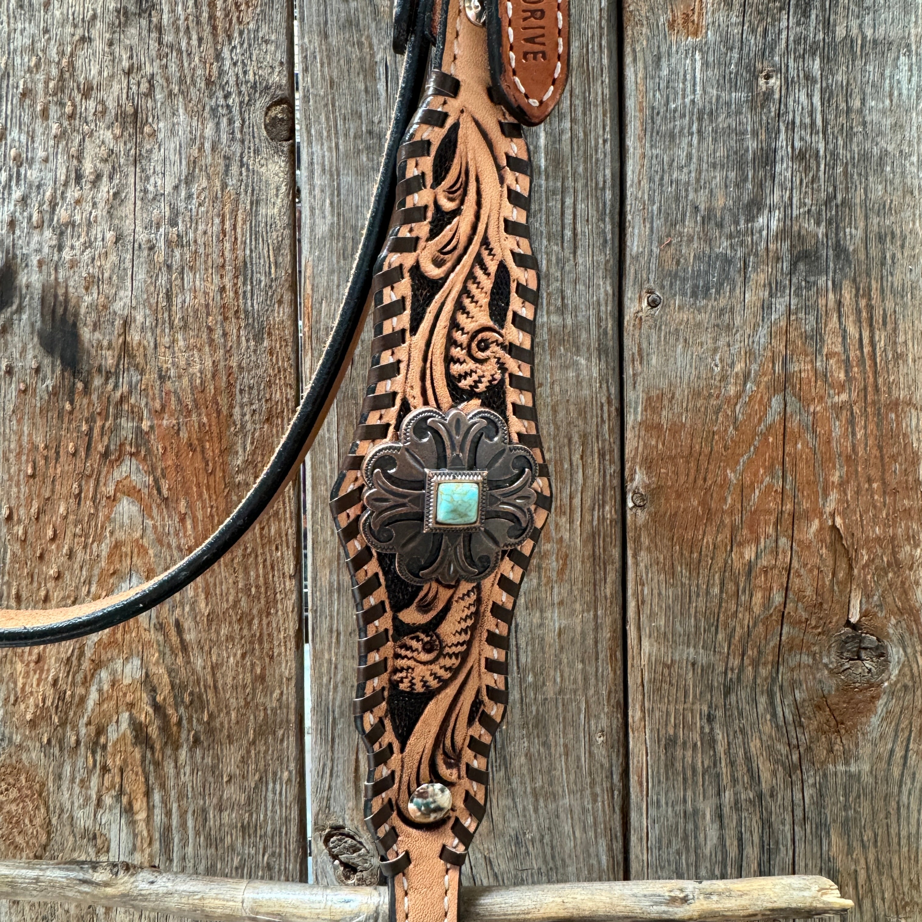 Light Oil Floral Whipstitch and Turquoise Browband/ One Ear Triangle / Gladiator Breastcollar Tack Set #BBBC641
