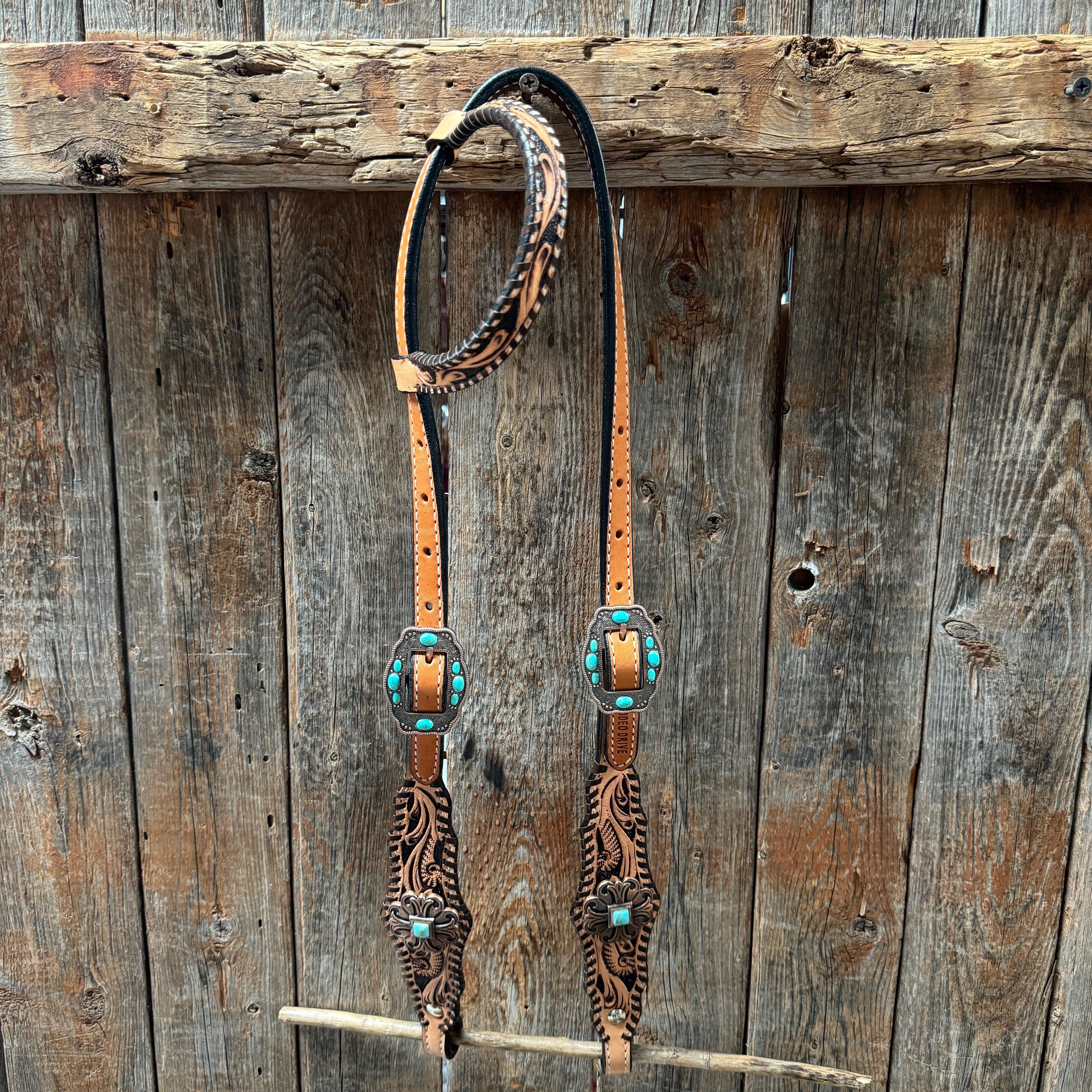 Light Oil Floral Whipstitch and Turquoise Browband/ One Ear Triangle / Gladiator Breastcollar Tack Set #BBBC641