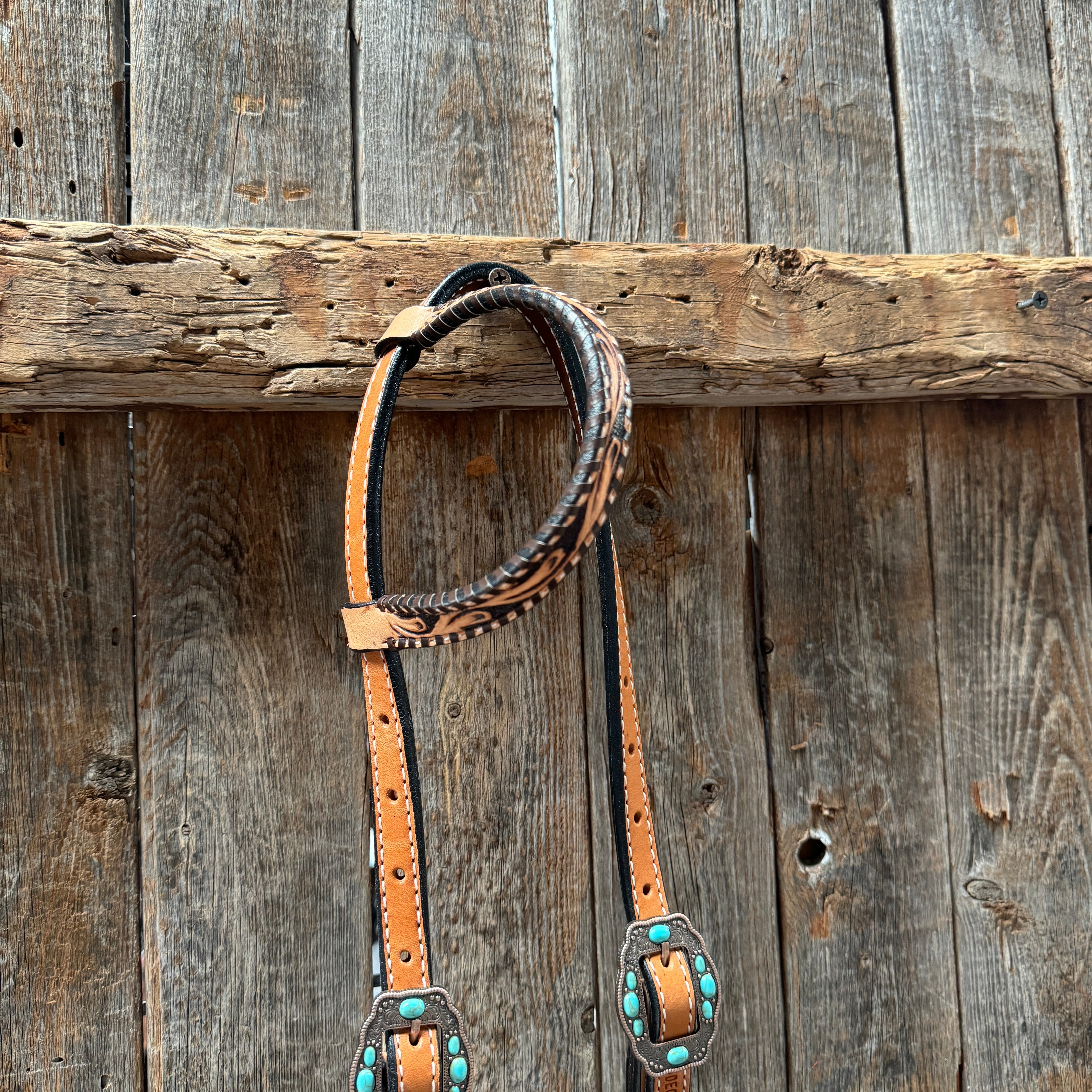 Light Oil Floral Whipstitch and Turquoise Browband/ One Ear Triangle / Gladiator Breastcollar Tack Set #BBBC641