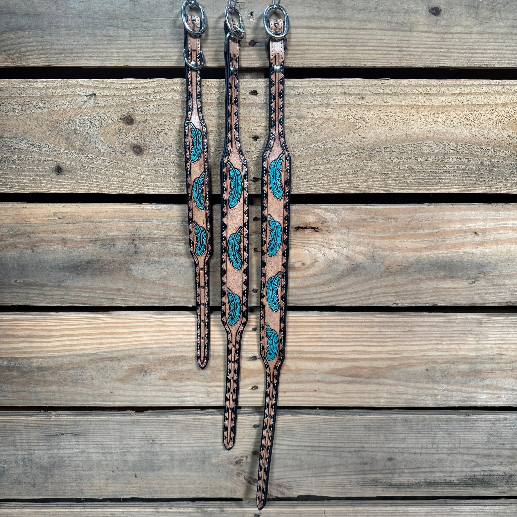 Turquoise Feather Genuine Leather Padded Dog Collar #FKDC4