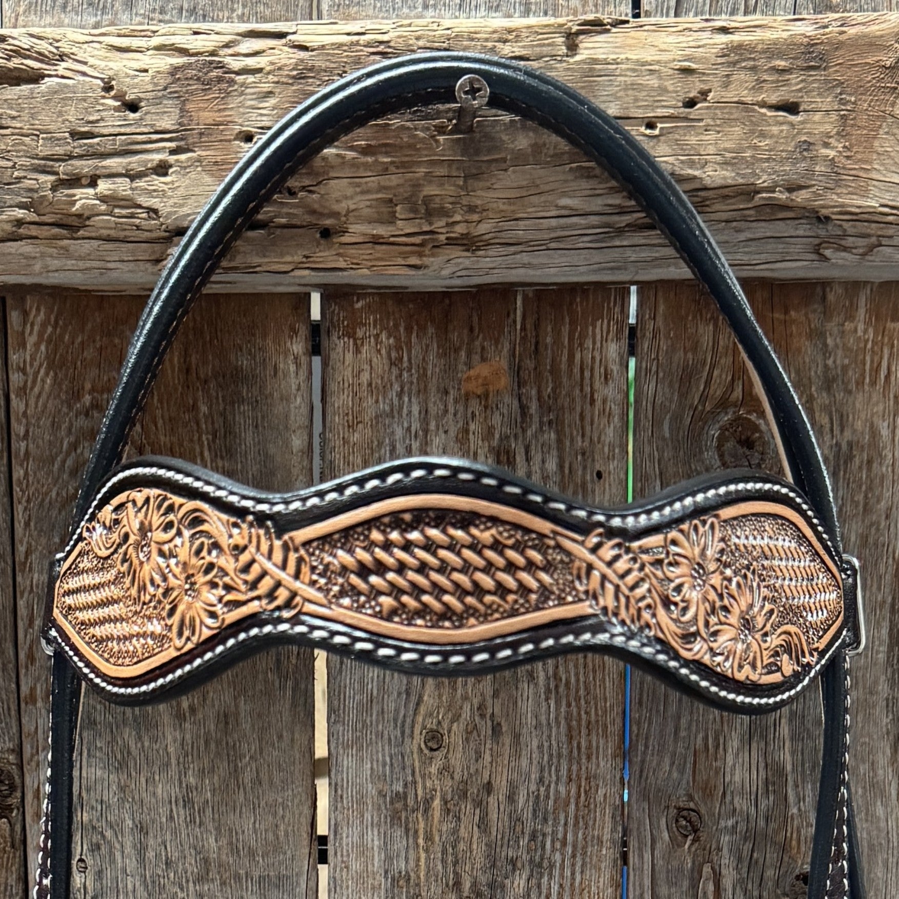 Two Tone Floral and Basketweave Browband Headstall / Bridle #FK400