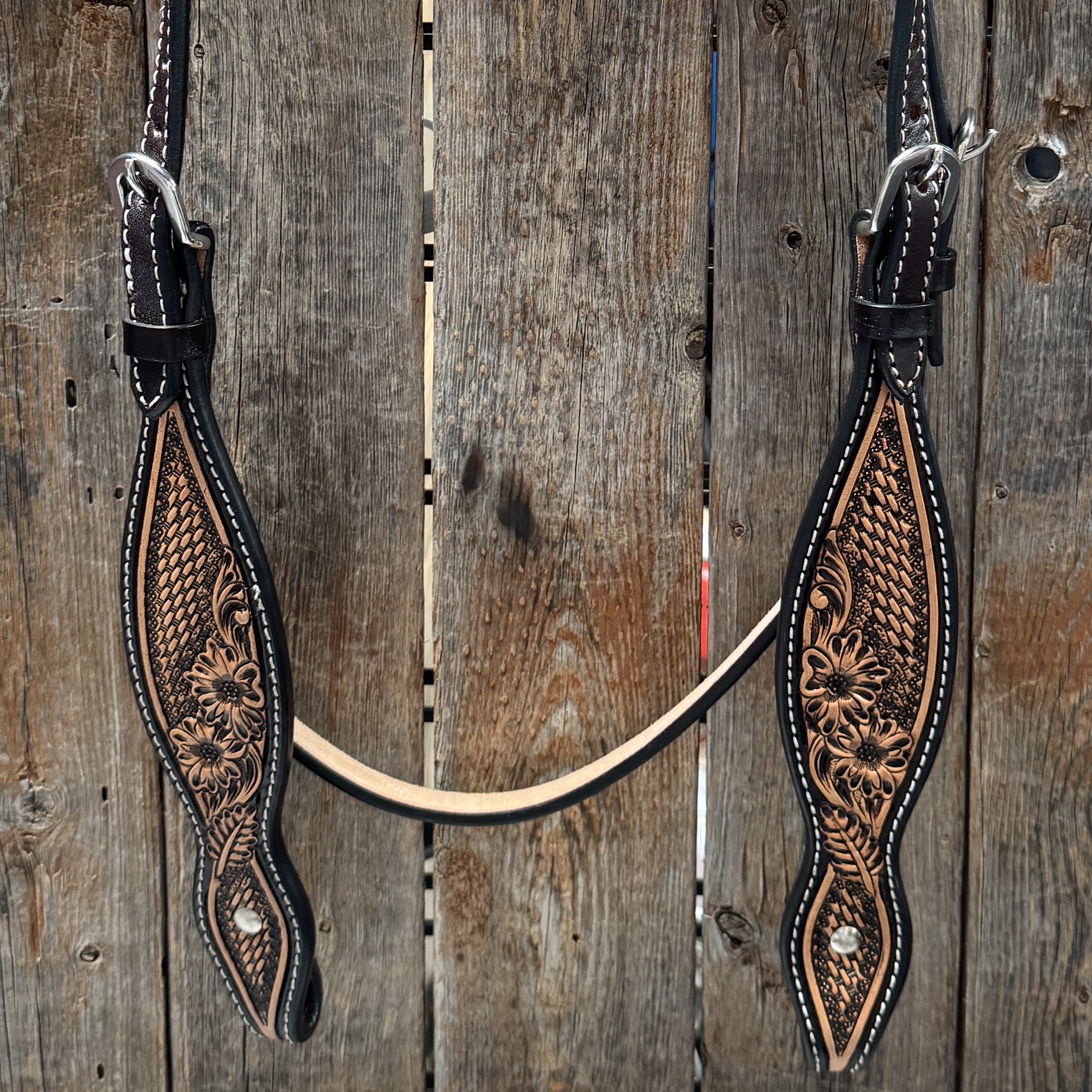Two Tone Floral and Basketweave Browband Headstall / Bridle #FK400