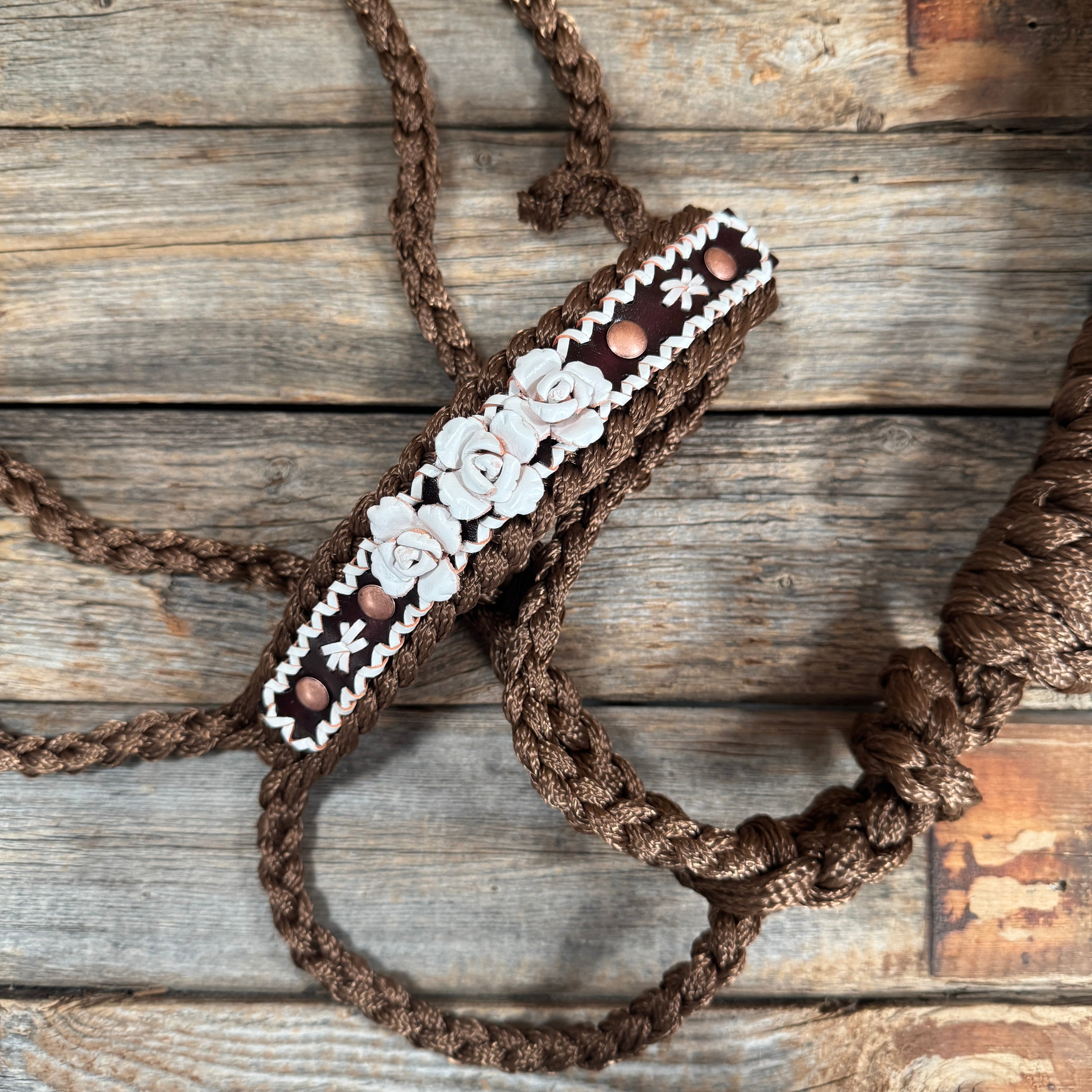 Brown Mule Tape Halter - White Roses #MT223
