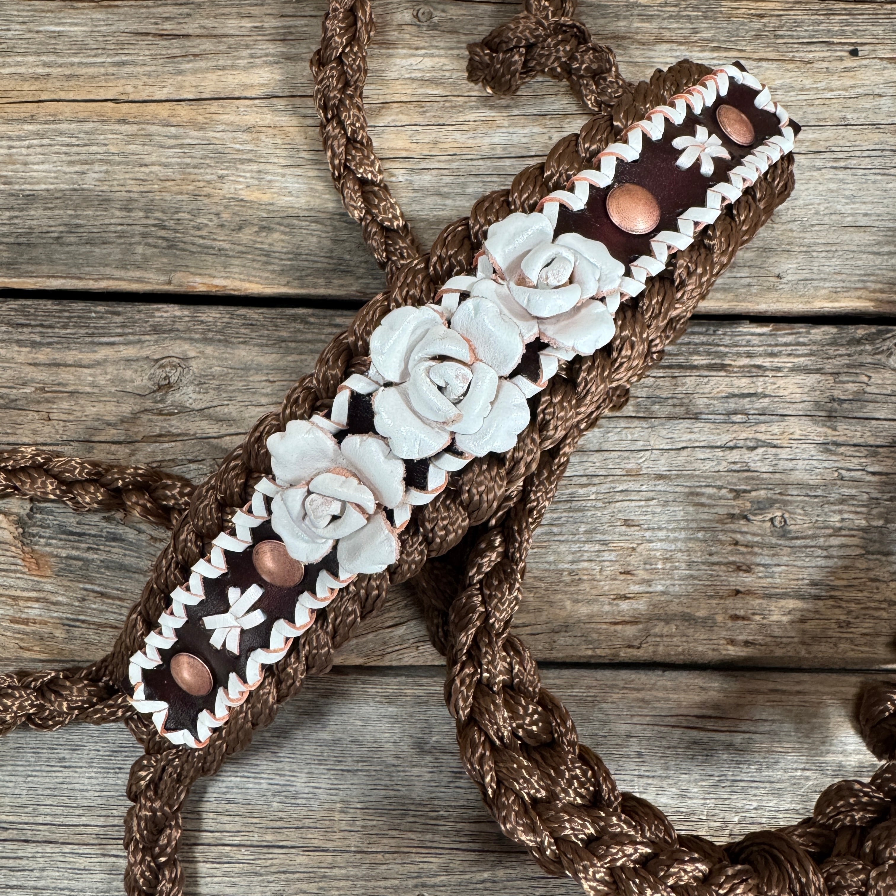 Brown Mule Tape Halter - White Roses #MT223