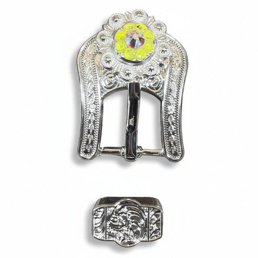 Bright Silver Neon Yellow - AB Crystal Conchos | Sizes 1"- 3" | Buckles | Saddle Set