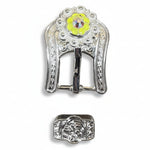 Bright Silver Neon Yellow - AB Crystal Conchos| Sizes 1"- 3" | Buckles | Saddle Set | Leather Rosettes | Slide