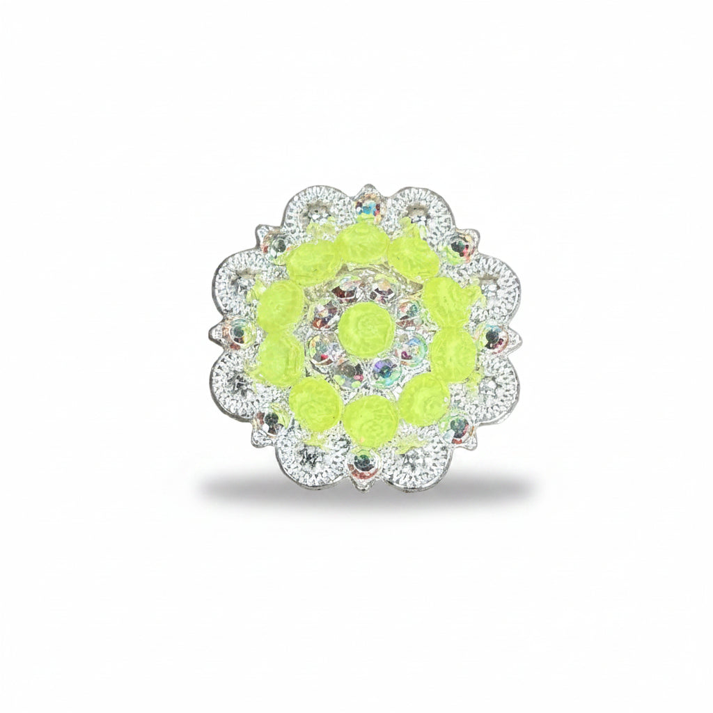Bright Silver Neon Yellow - AB Crystal Conchos | Sizes 1"- 3" | Buckles | Saddle Set