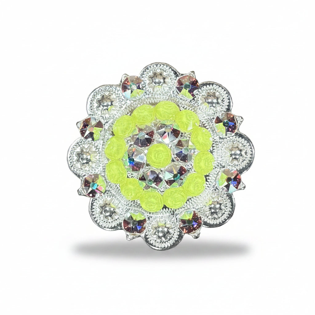 Bright Silver Neon Yellow - AB Crystal Conchos | Sizes 1"- 3" | Buckles | Saddle Set