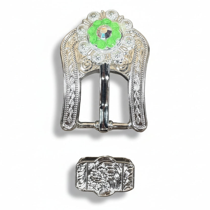 Bright Silver Neon Green - AB Crystal Conchos | Sizes 1"- 3" | Buckles | Saddle Set
