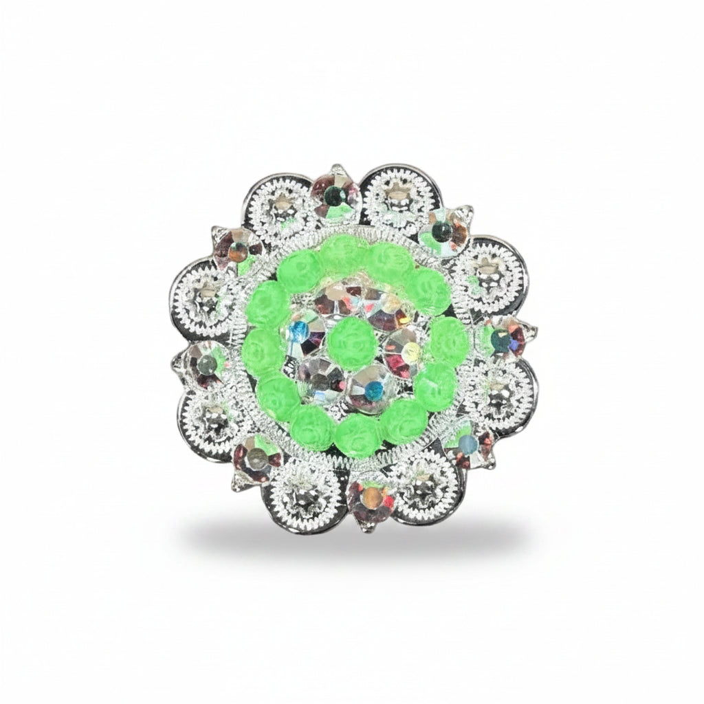 Bright Silver Neon Green - AB Crystal Conchos | Sizes 1"- 3" | Buckles | Saddle Set