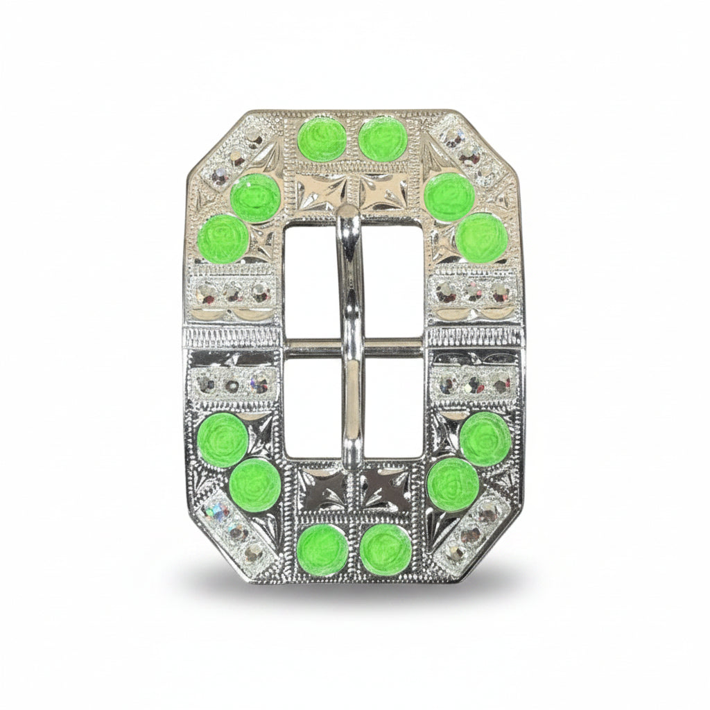 Bright Silver Neon Green - AB Crystal Conchos | Sizes 1"- 3" | Buckles | Saddle Set