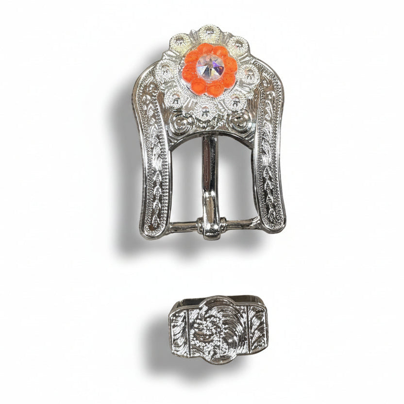 Bright Silver Neon Orange - AB Crystal Conchos | Sizes 1"- 3" | Buckles | Saddle Set