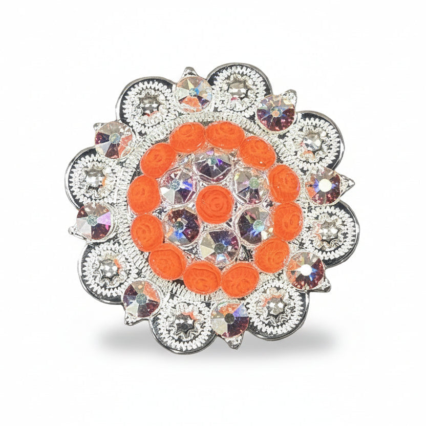 Bright Silver Neon Orange - AB Crystal Conchos | Sizes 1"- 3" | Buckles | Saddle Set