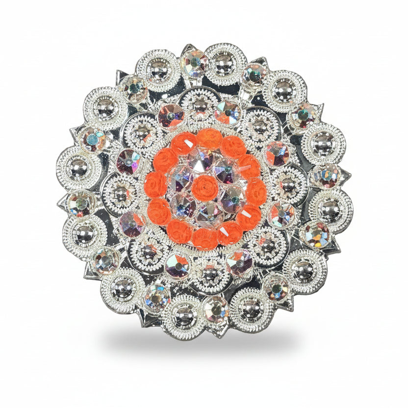 Bright Silver Neon Orange - AB Crystal Conchos | Sizes 1"- 3" | Buckles | Saddle Set
