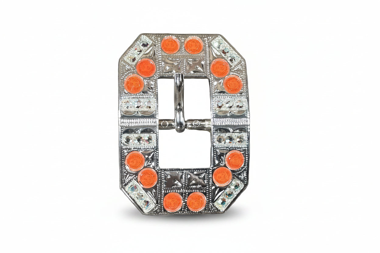 Bright Silver Neon Orange - AB Crystal Conchos | Sizes 1"- 3" | Buckles | Saddle Set