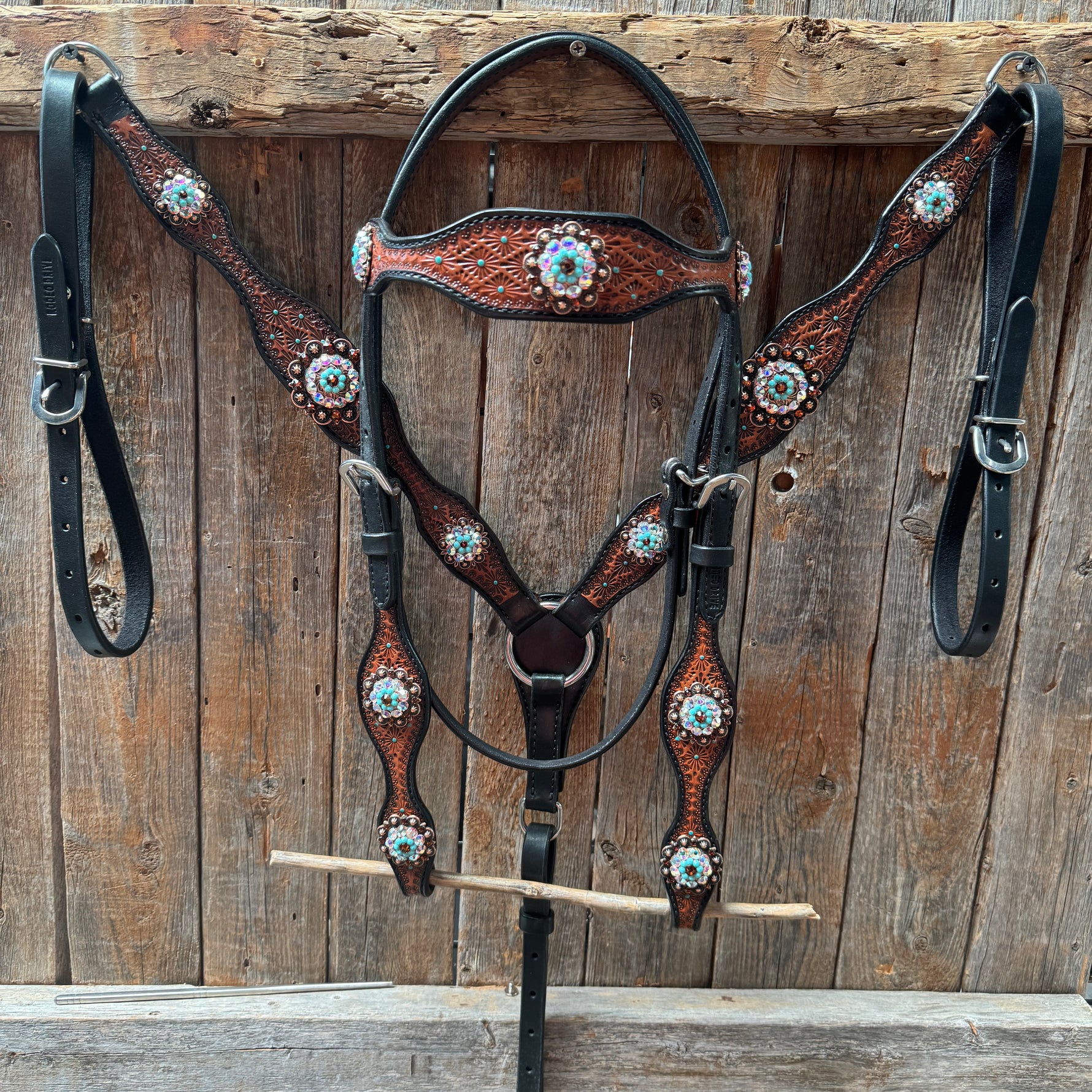 Teal Diamond Topaz and Turquoise Browband / One Ear - Breastcollar Tack Set #BBBC650