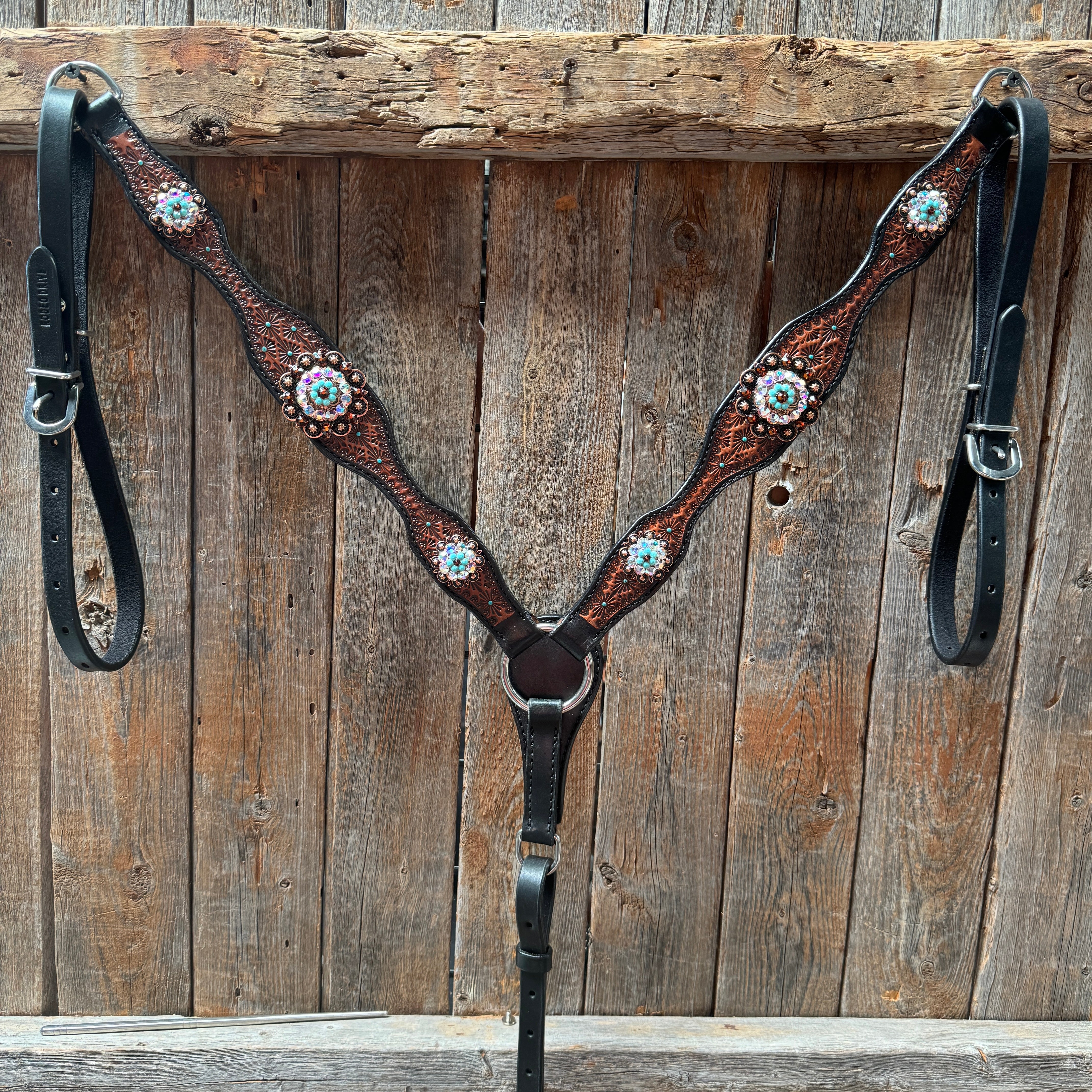 Teal Diamond Topaz and Turquoise Browband / One Ear - Breastcollar Tack Set #BBBC650