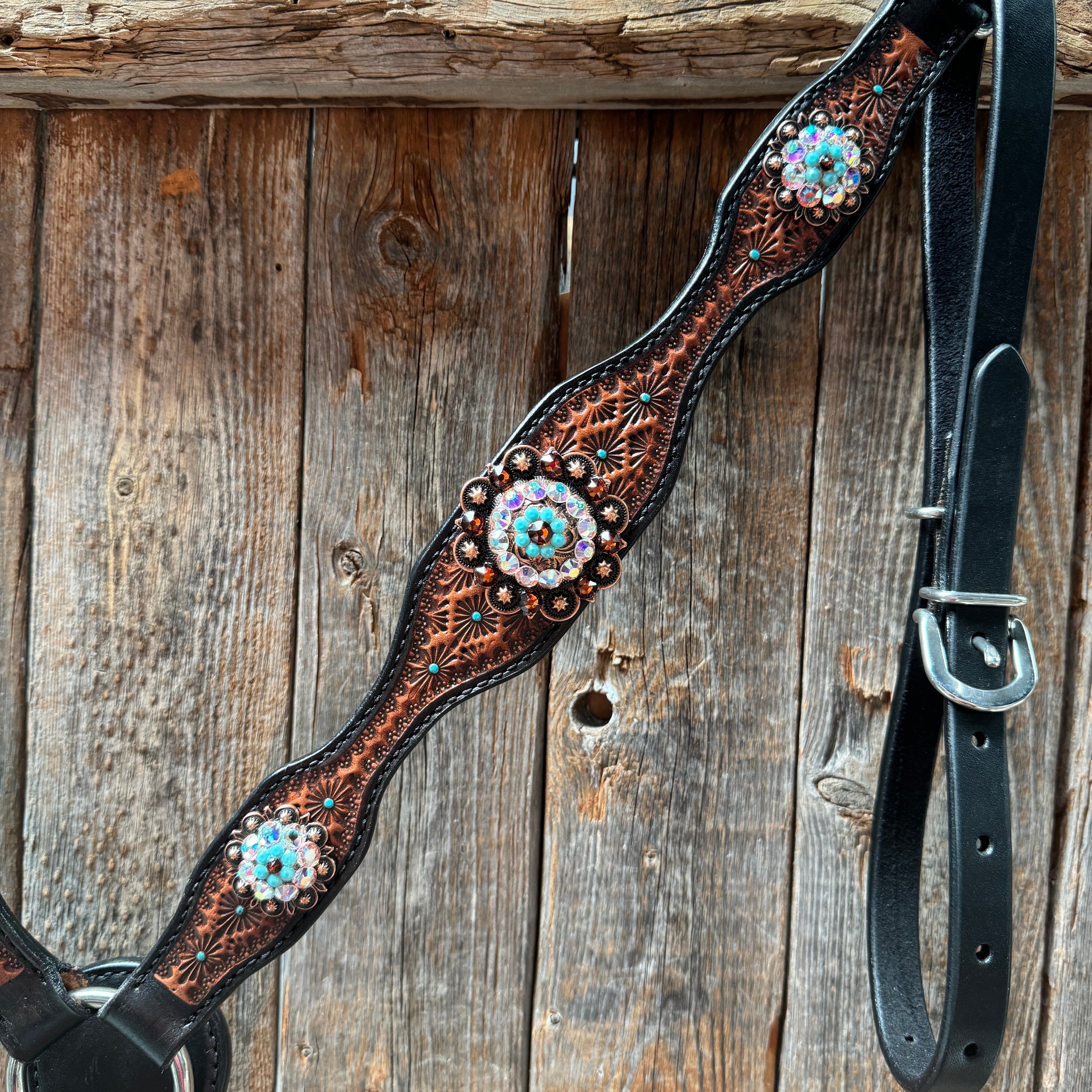 Teal Diamond Topaz and Turquoise Browband / One Ear - Breastcollar Tack Set #BBBC650