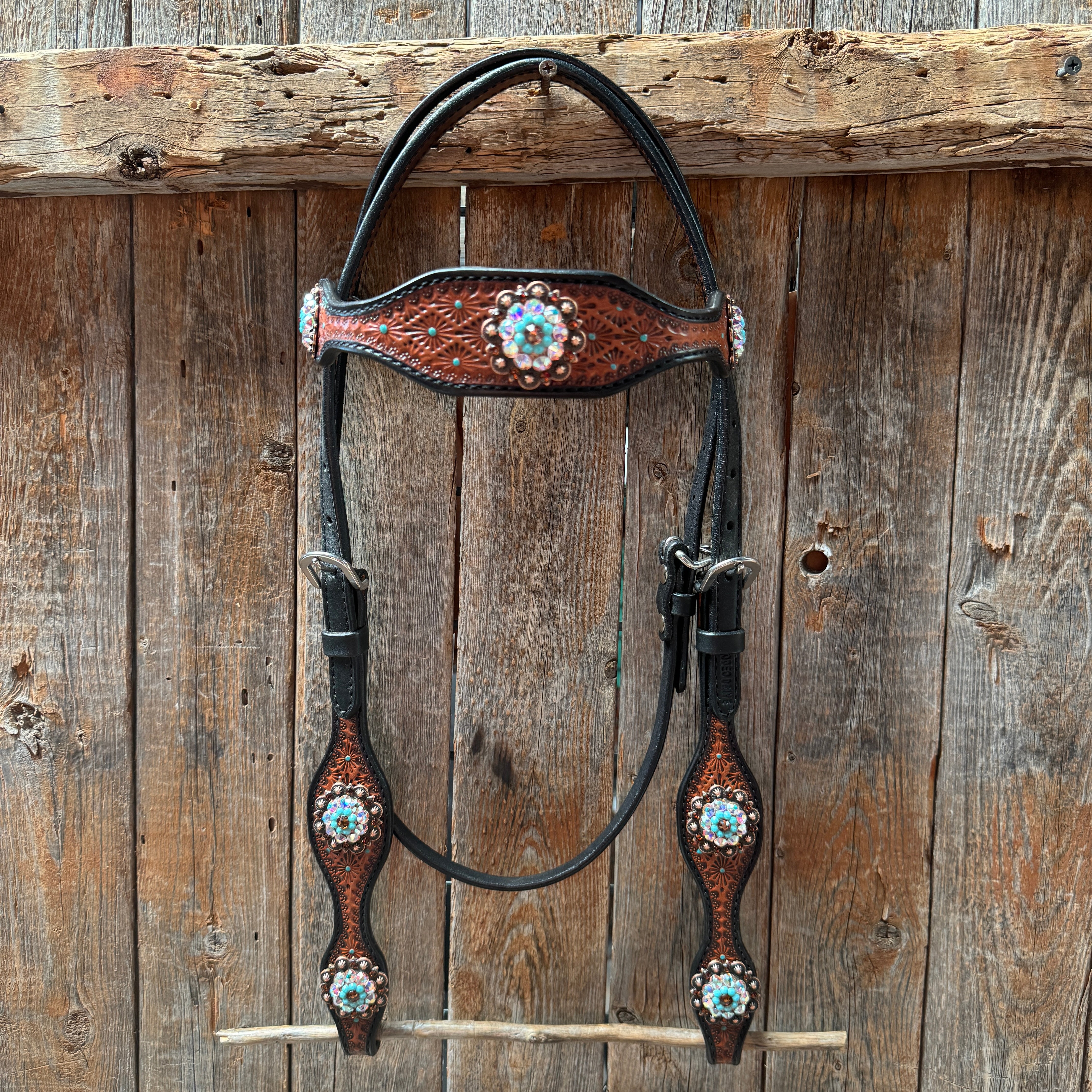 Teal Diamond Topaz and Turquoise Browband / One Ear - Breastcollar Tack Set #BBBC650