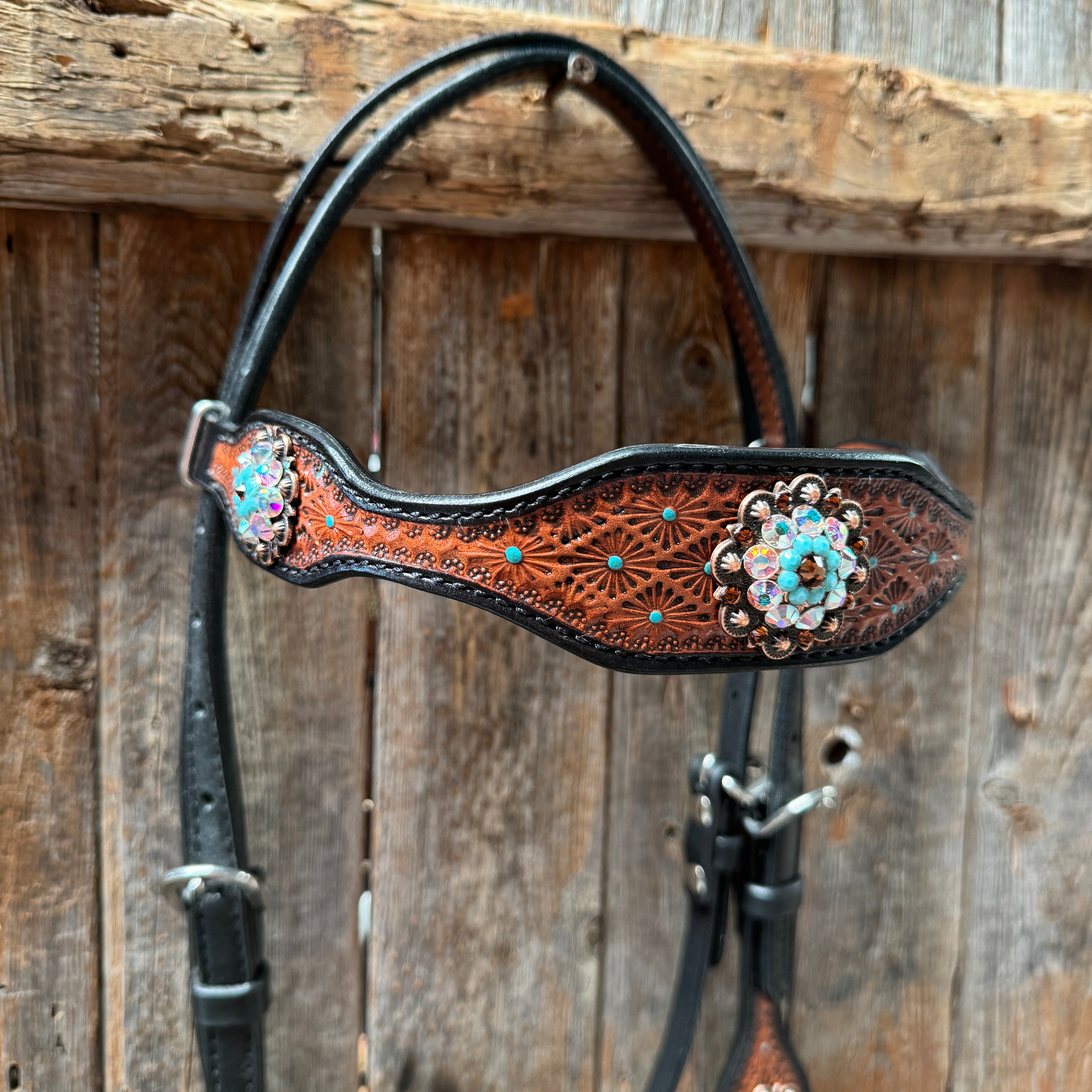 Teal Diamond Topaz and Turquoise Browband / One Ear - Breastcollar Tack Set #BBBC650