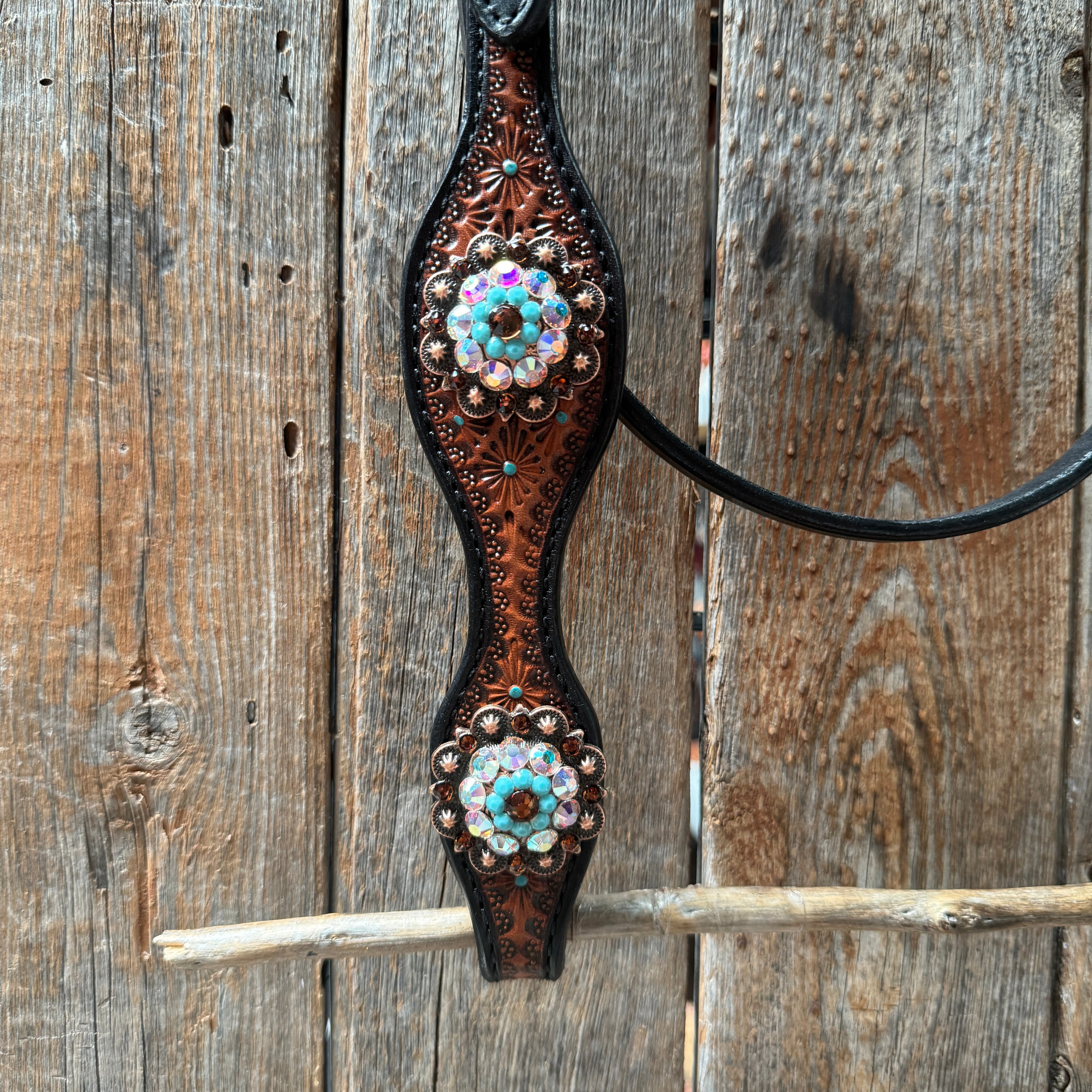 Teal Diamond Topaz and Turquoise Browband / One Ear - Breastcollar Tack Set #BBBC650