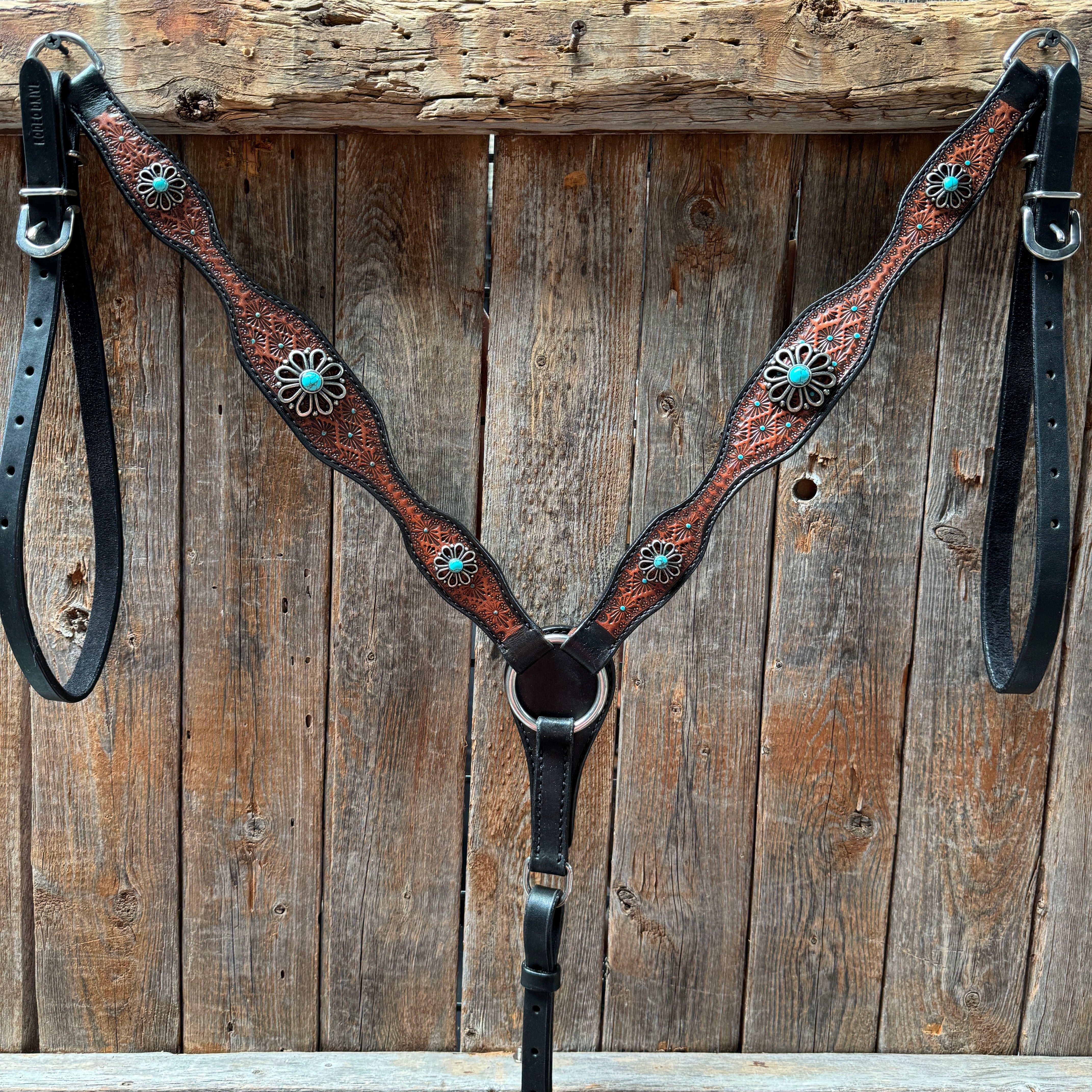 Teal Diamond and Turquoise Flower Browband / One Ear - Breastcollar Tack Set #BBBC643
