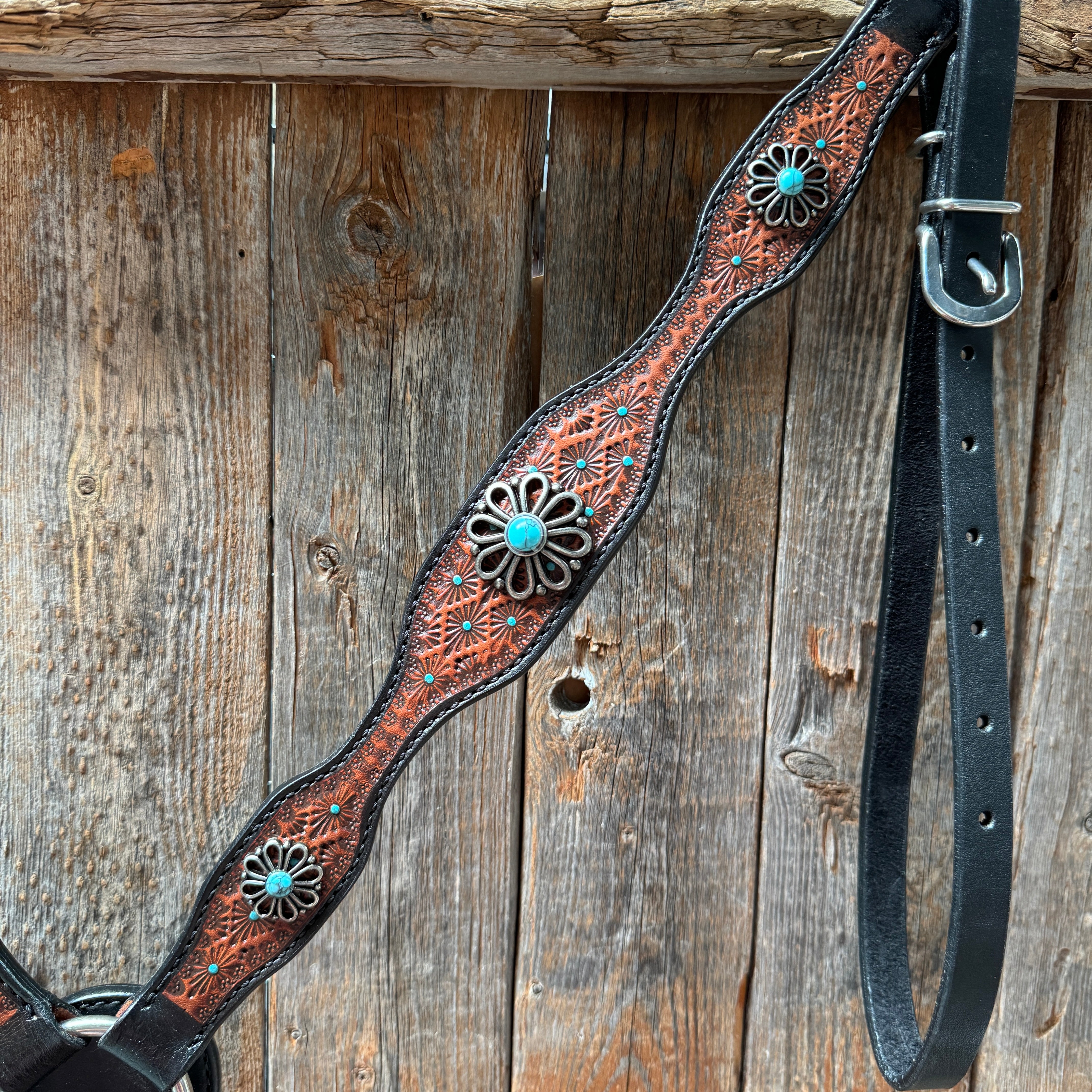 Teal Diamond and Turquoise Flower Browband / One Ear - Breastcollar Tack Set #BBBC643