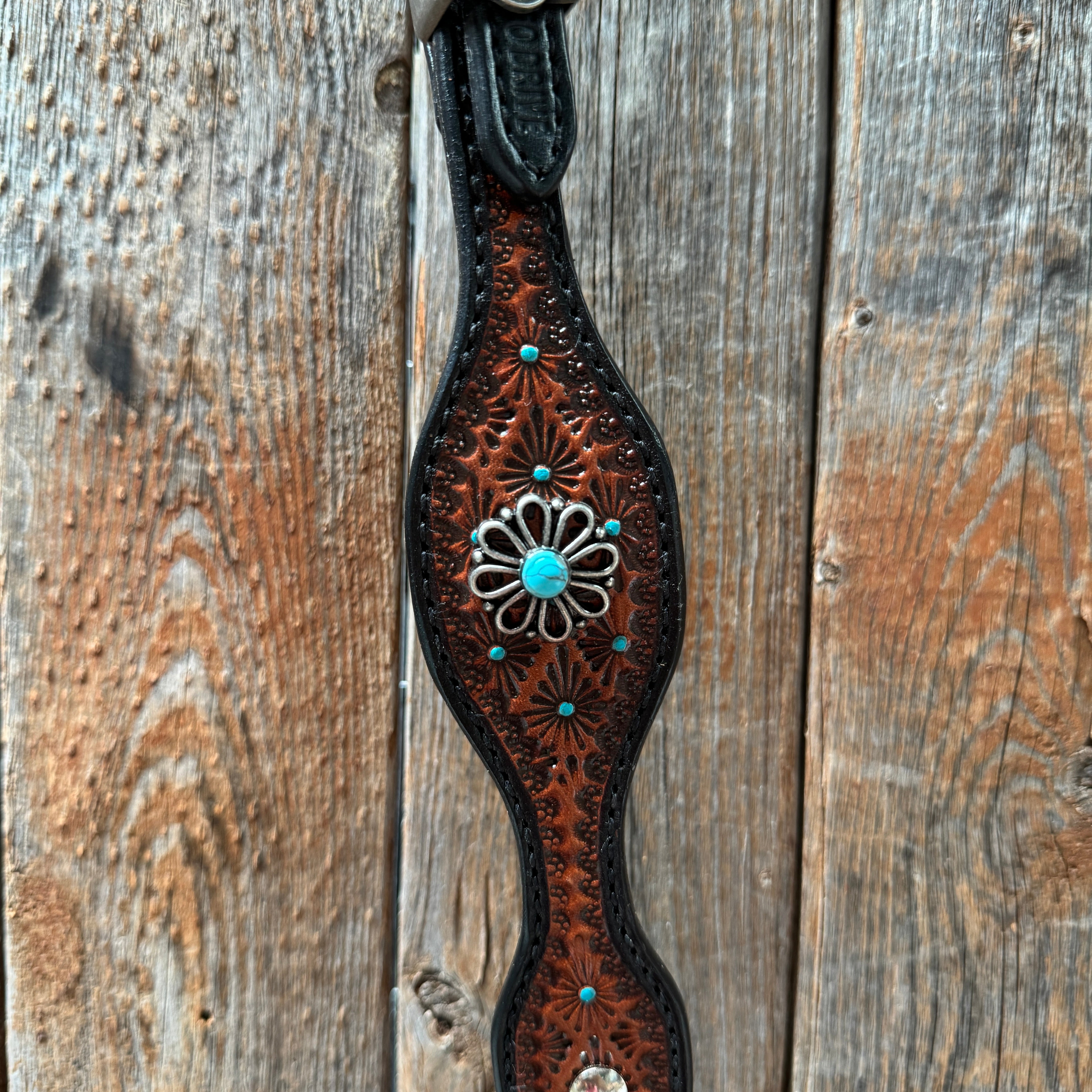 Teal Diamond and Turquoise Flower Browband / One Ear - Breastcollar Tack Set #BBBC643