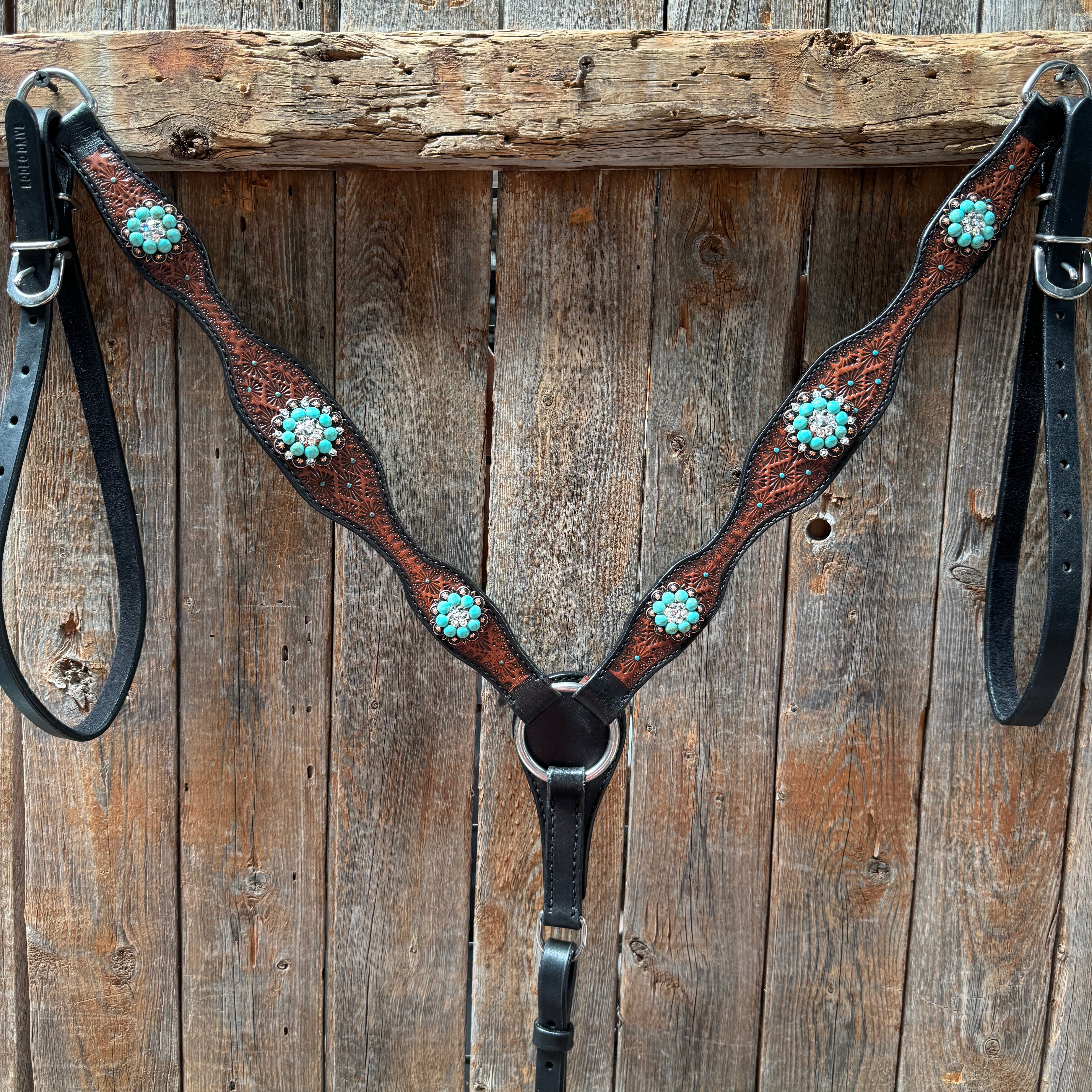 Teal Diamond Turquoise and Clear Browband / One Ear - Breastcollar Tack Set #BBBC644