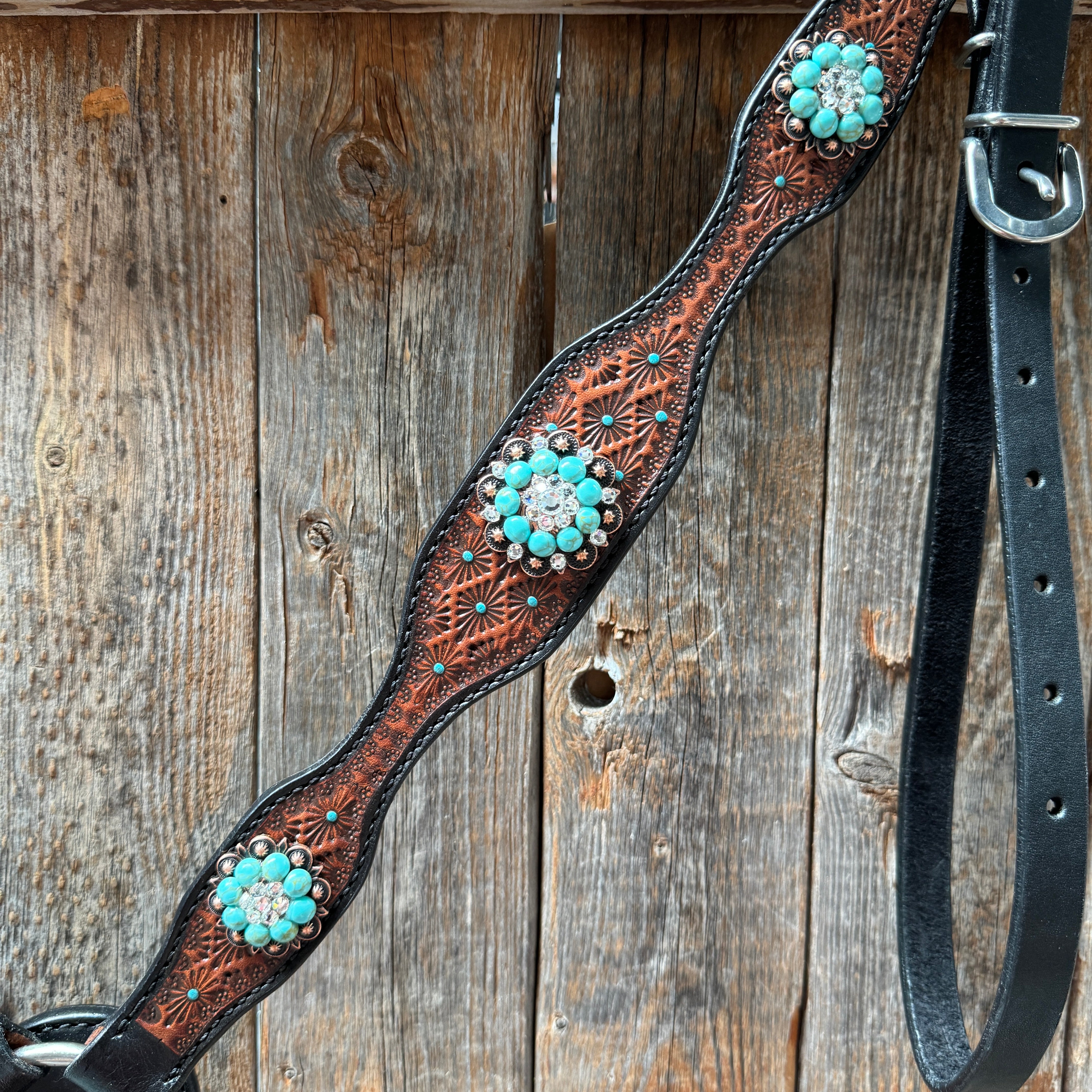 Teal Diamond Turquoise and Clear Browband / One Ear - Breastcollar Tack Set #BBBC644