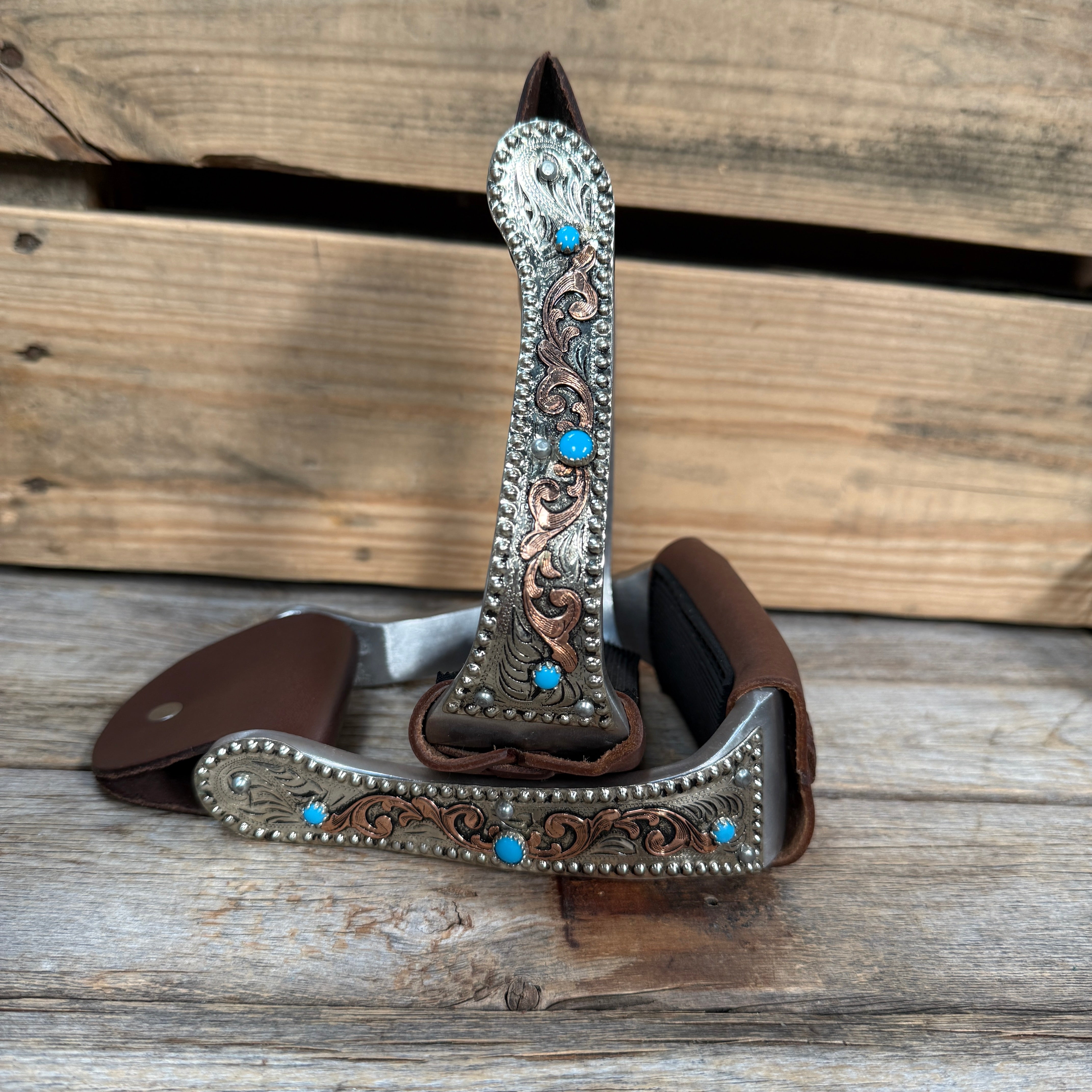 Hand Engraved Copper and Turquoise Angled Barrel Racing Western Stirrups BRS101