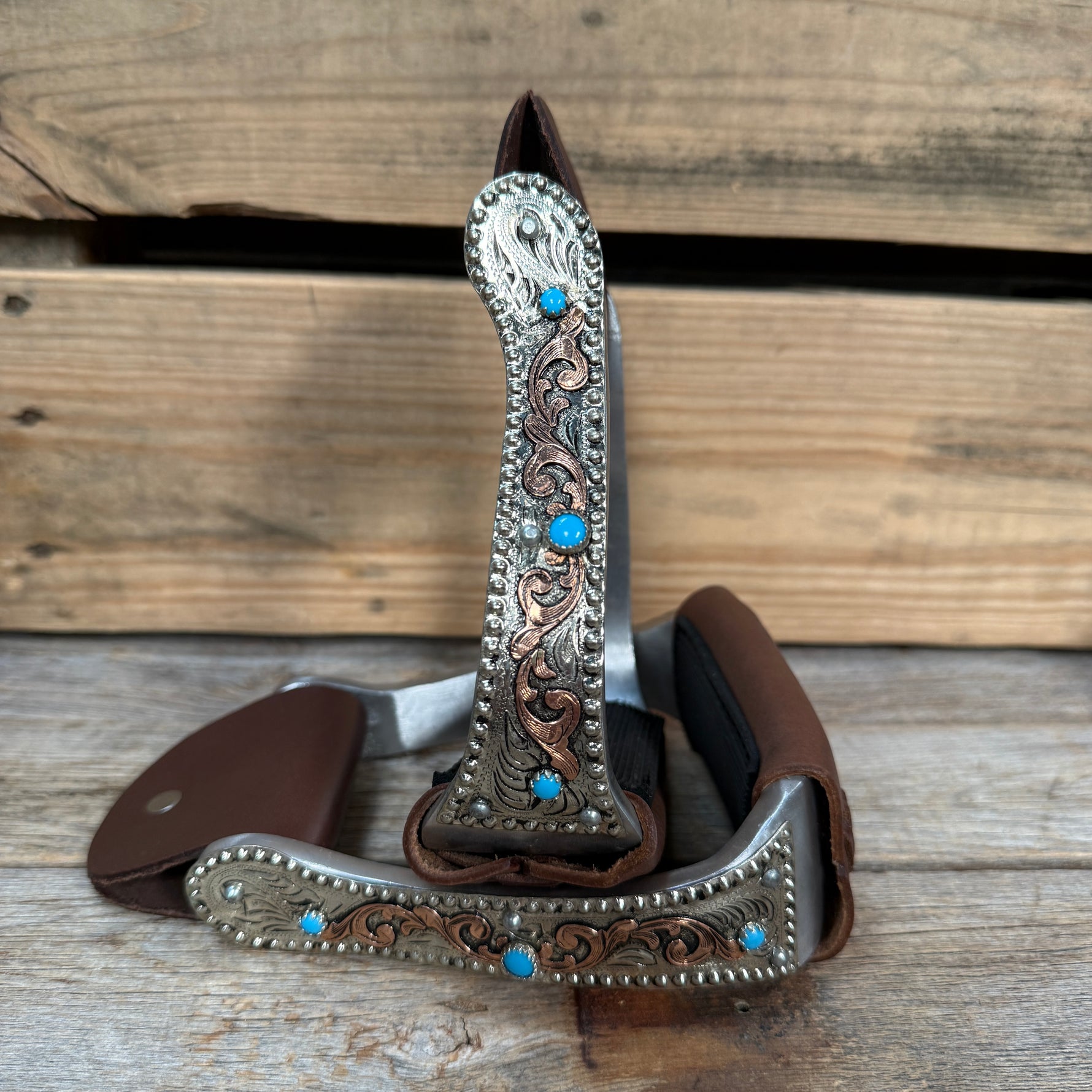 Hand Engraved Copper and Turquoise Angled Barrel Racing Western Stirrups BRS101